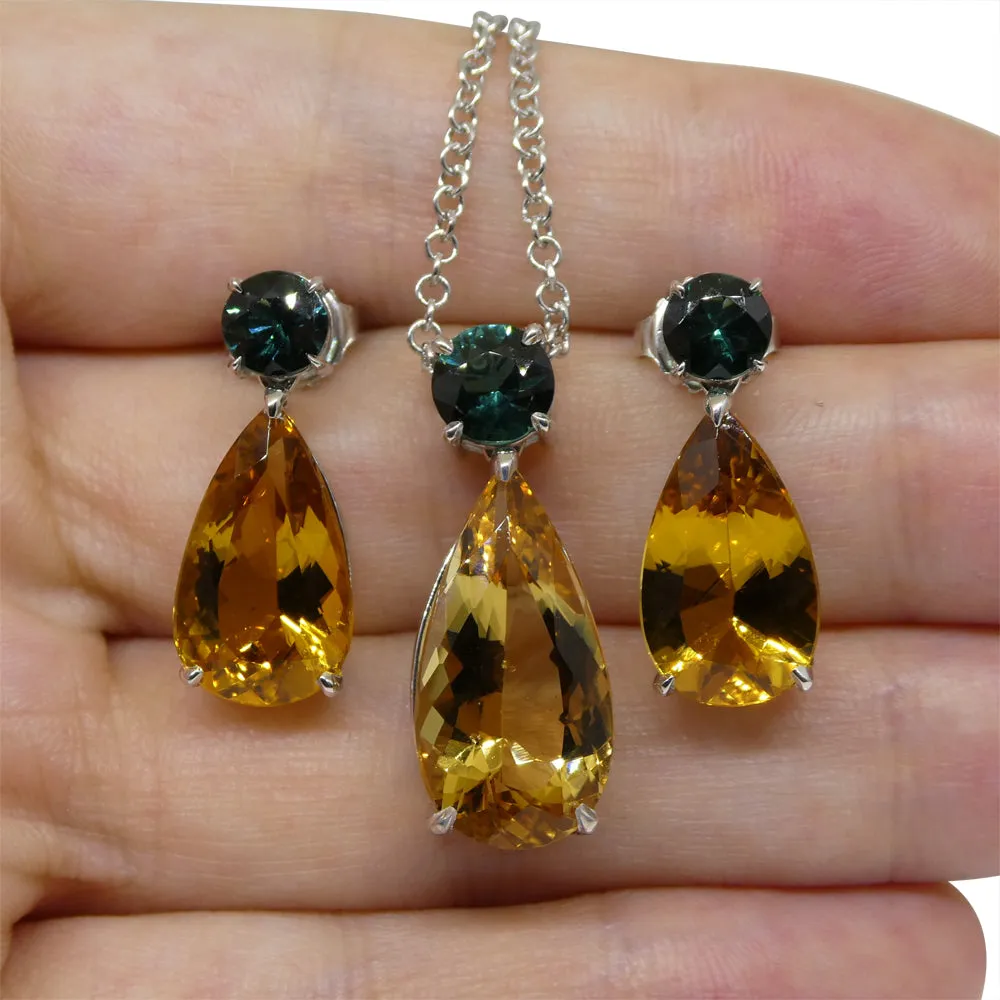 14.05ct Heliodor and Indicolite Tourmaline Earrings and Pendant set in 14kt White Gold with Certificate