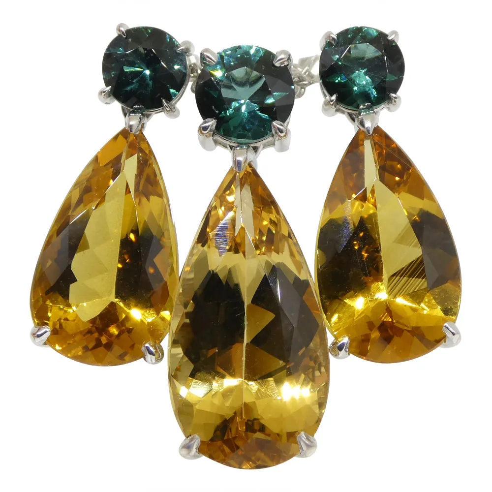 14.05ct Heliodor and Indicolite Tourmaline Earrings and Pendant set in 14kt White Gold with Certificate