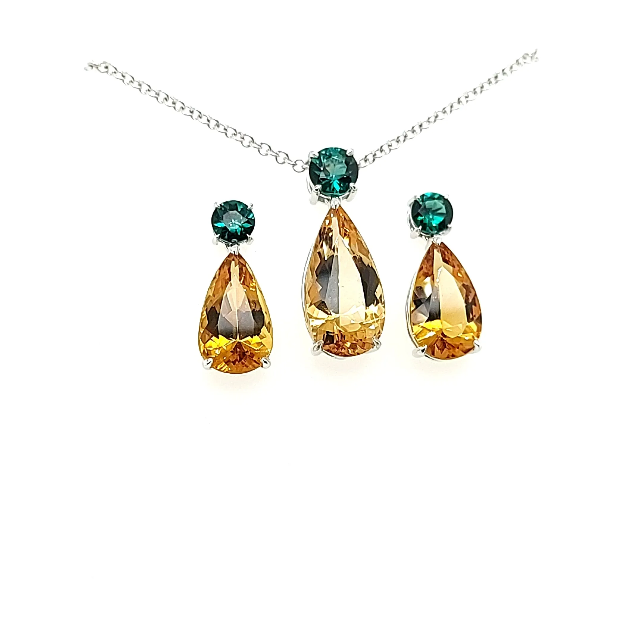 14.05ct Heliodor and Indicolite Tourmaline Earrings and Pendant set in 14kt White Gold with Certificate