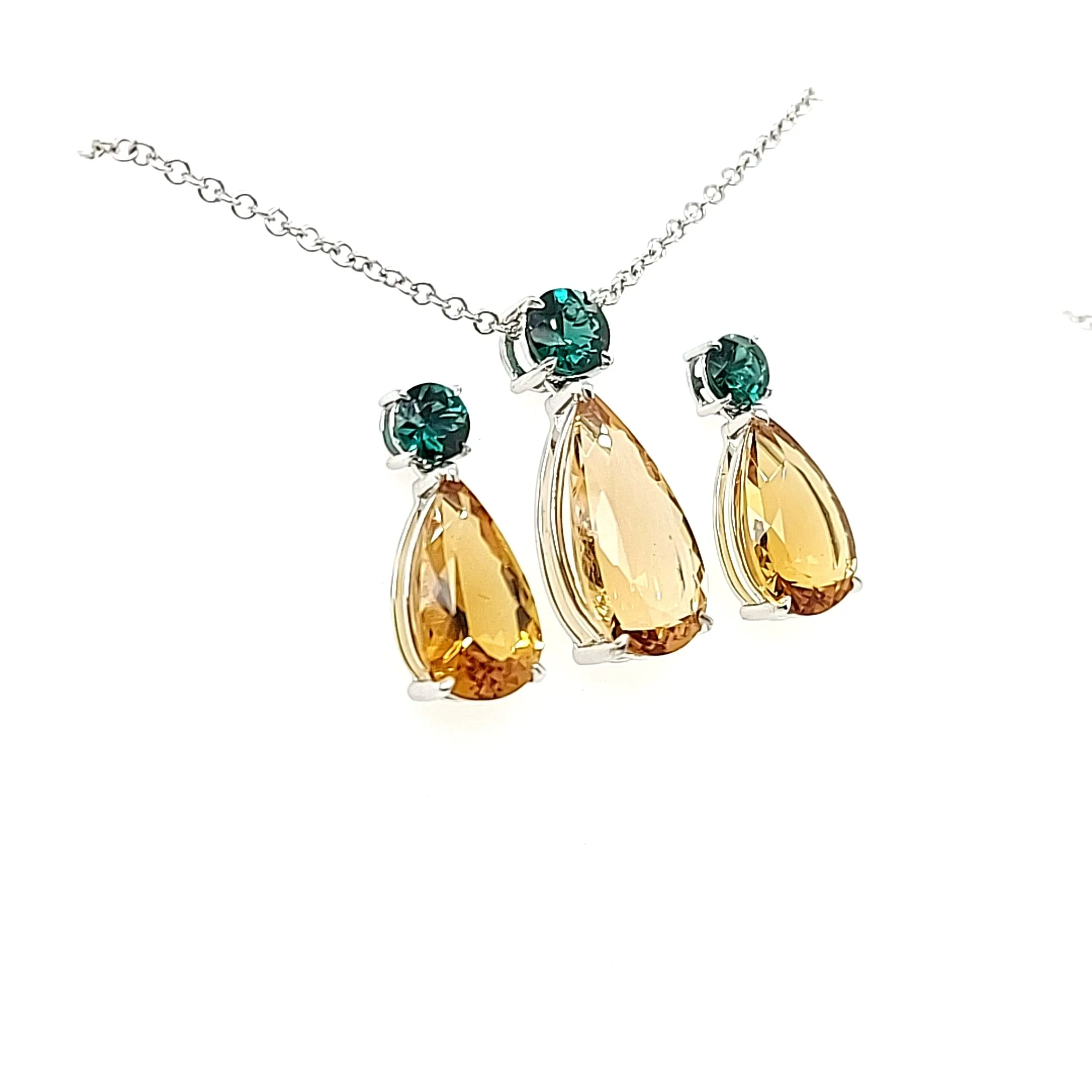 14.05ct Heliodor and Indicolite Tourmaline Earrings and Pendant set in 14kt White Gold with Certificate