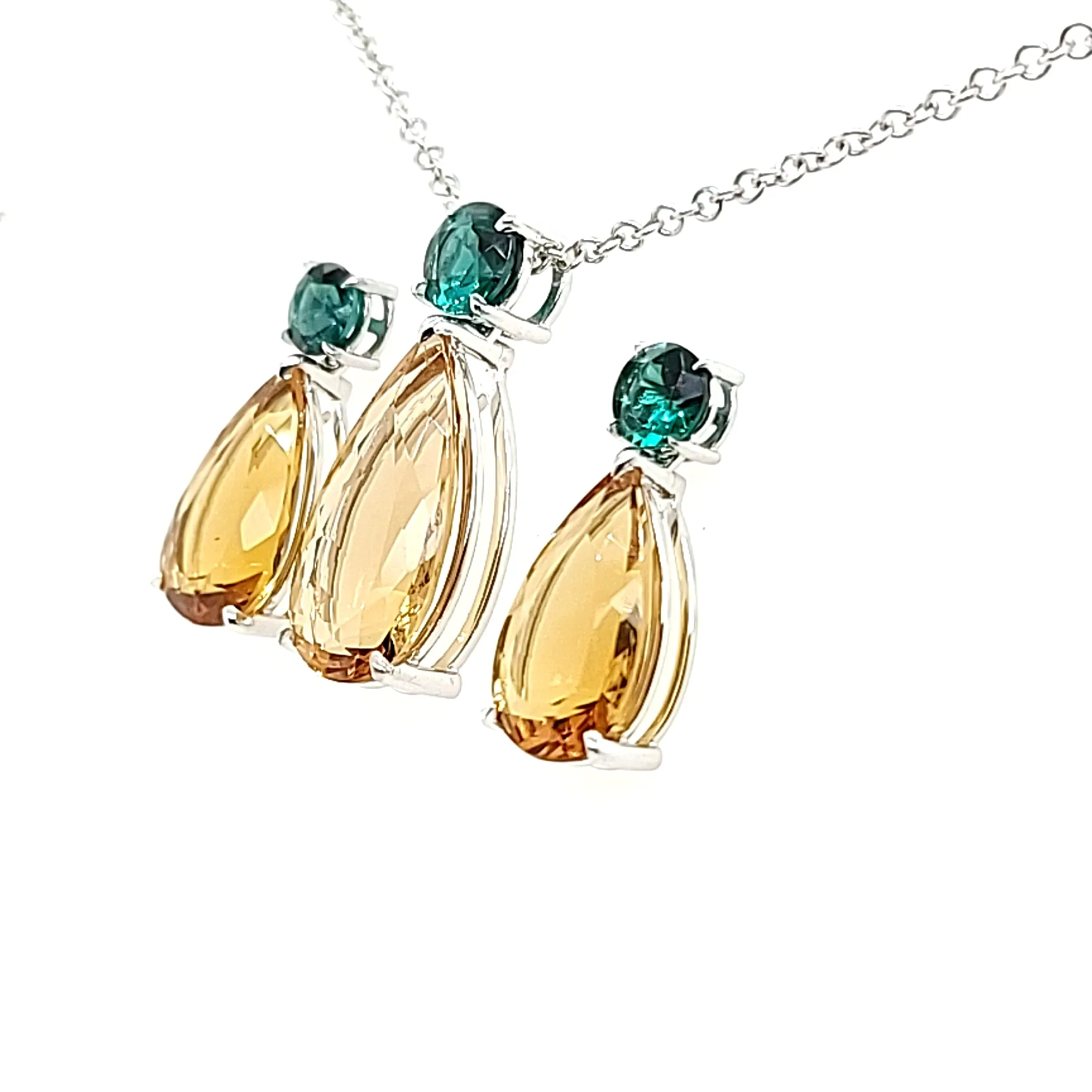 14.05ct Heliodor and Indicolite Tourmaline Earrings and Pendant set in 14kt White Gold with Certificate