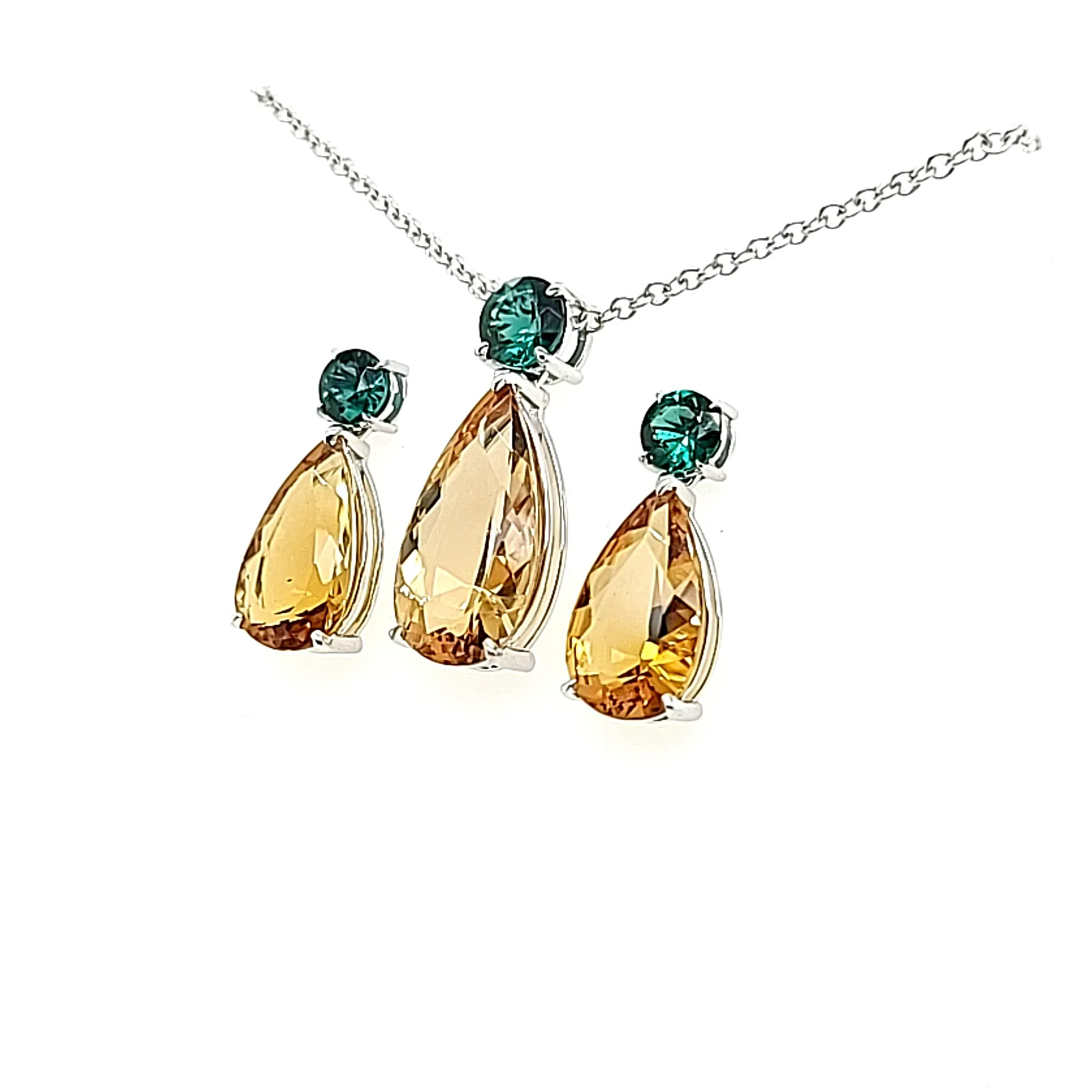 14.05ct Heliodor and Indicolite Tourmaline Earrings and Pendant set in 14kt White Gold with Certificate
