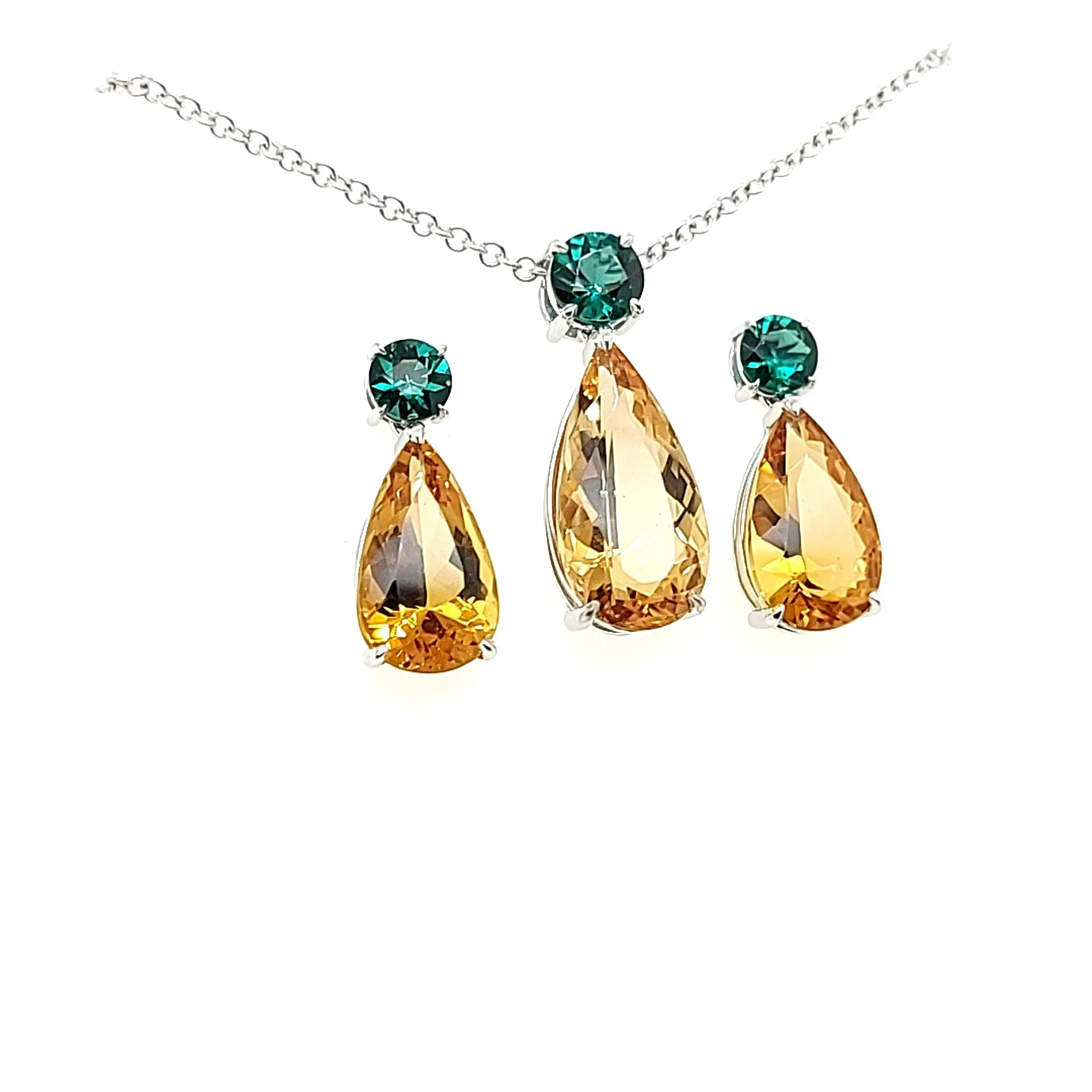 14.05ct Heliodor and Indicolite Tourmaline Earrings and Pendant set in 14kt White Gold with Certificate