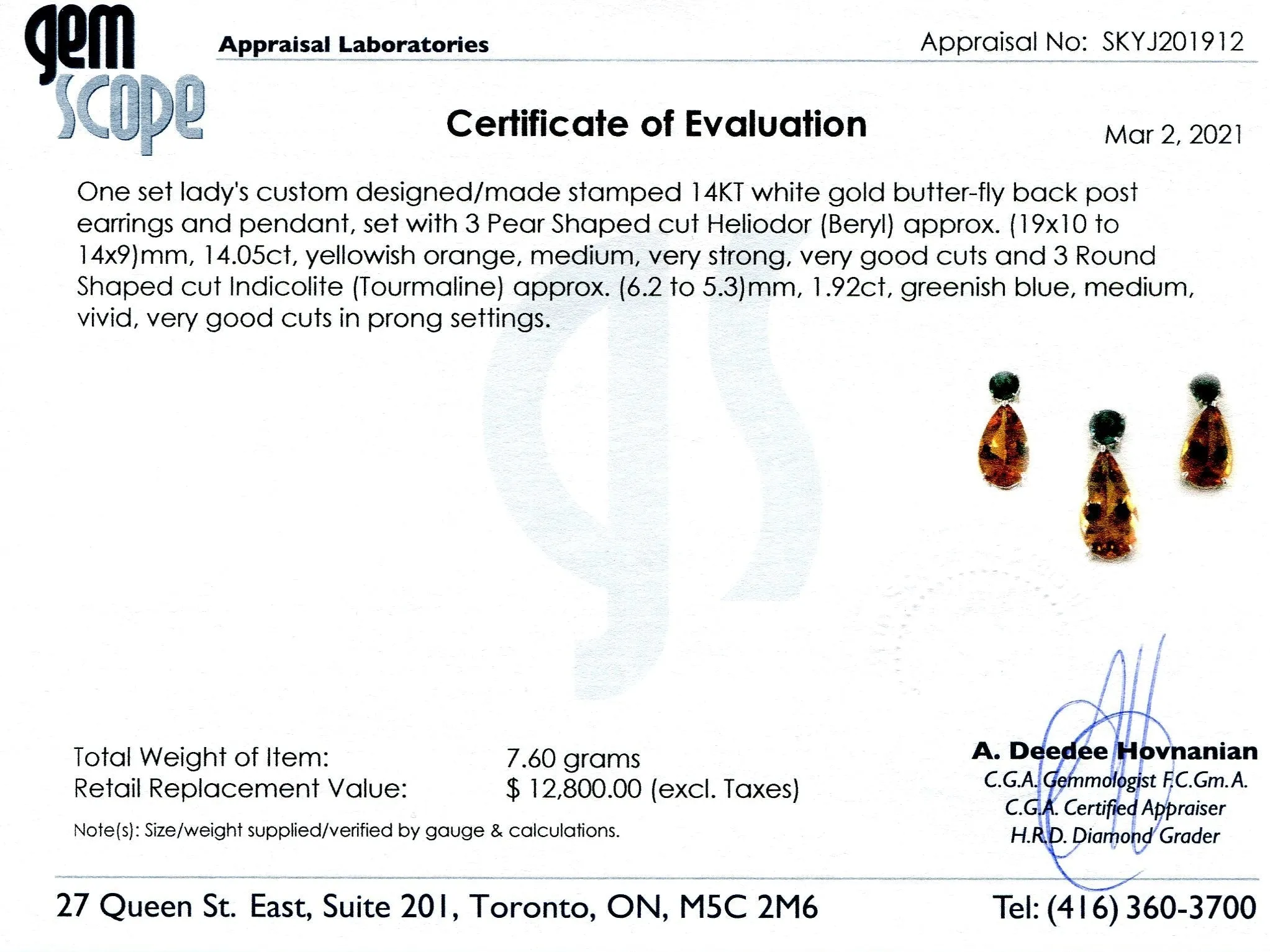 14.05ct Heliodor and Indicolite Tourmaline Earrings and Pendant set in 14kt White Gold with Certificate