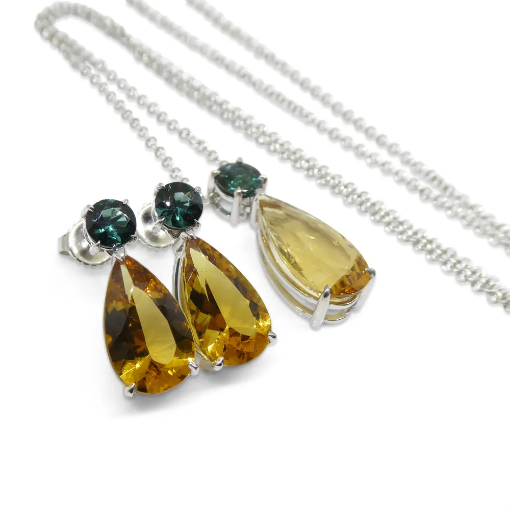 14.05ct Heliodor and Indicolite Tourmaline Earrings and Pendant set in 14kt White Gold with Certificate