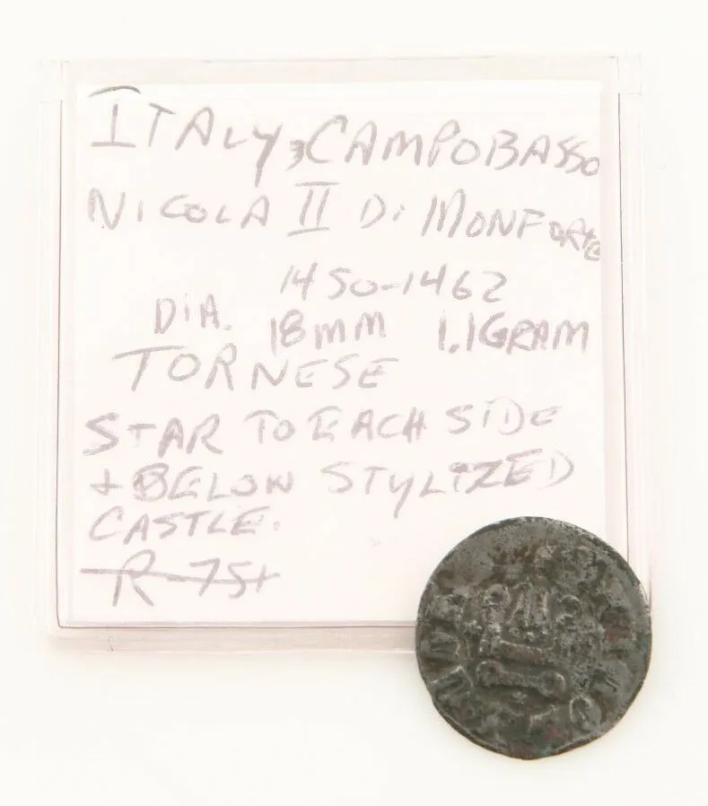 1450-1462 Campobasso Billon Tornese Coin F  Molise Italy Nicola II di Montforte