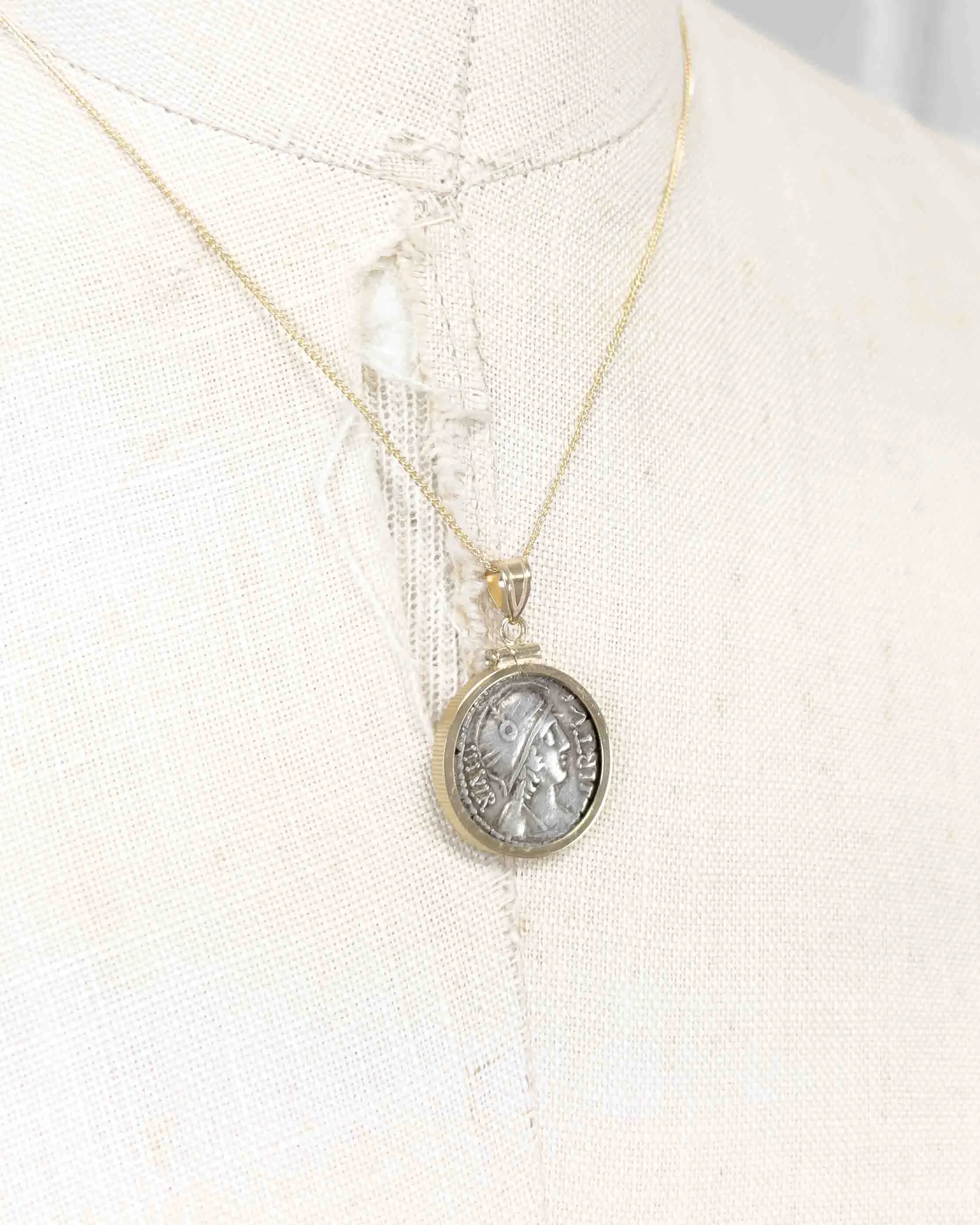 14k Genuine Ancient Roman Coin Necklace (Virtus; 65 B.C.)