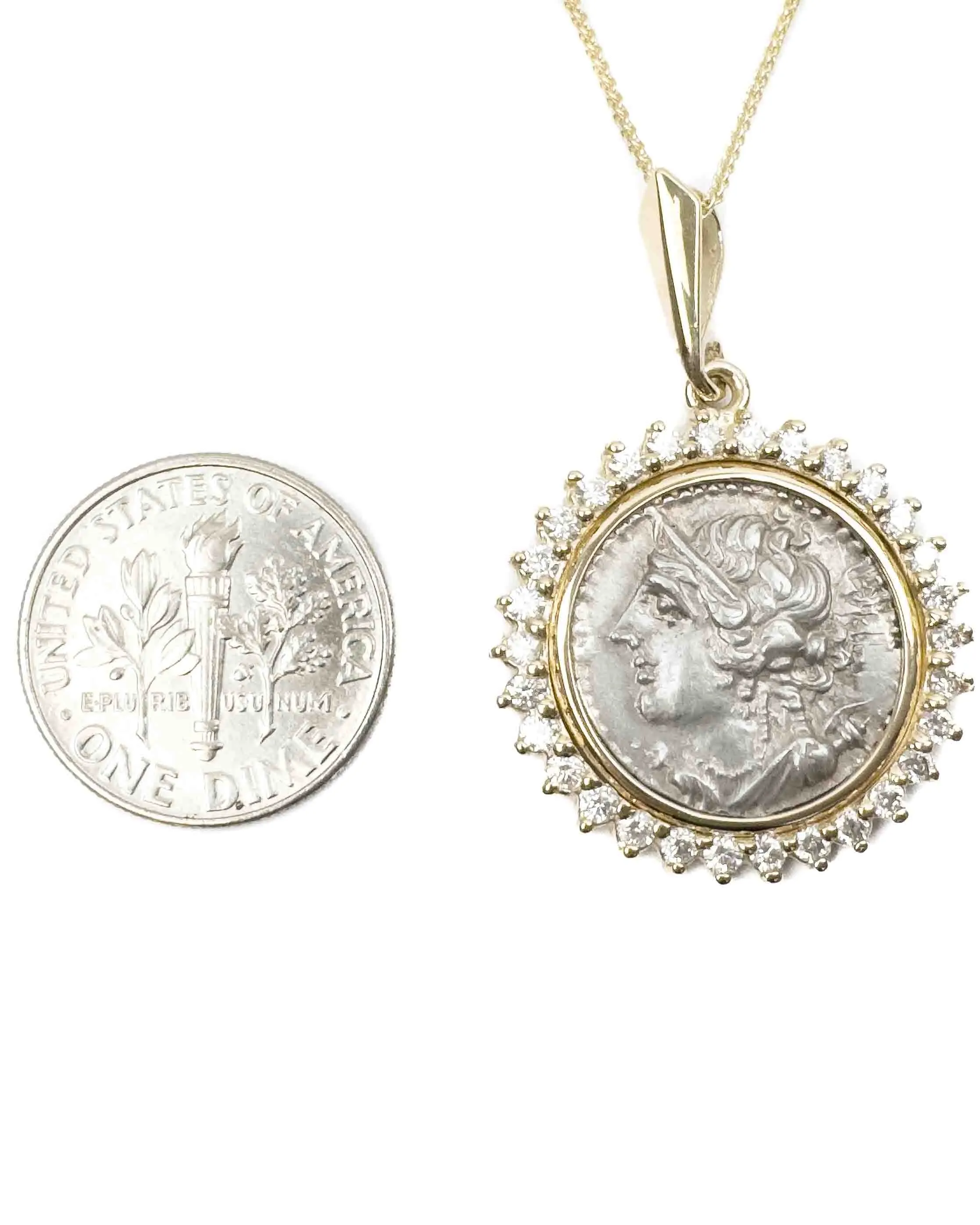 14k Gold & Diamond Genuine Ancient Greek Coin Necklace (Artemis; 125-90 B.C.)