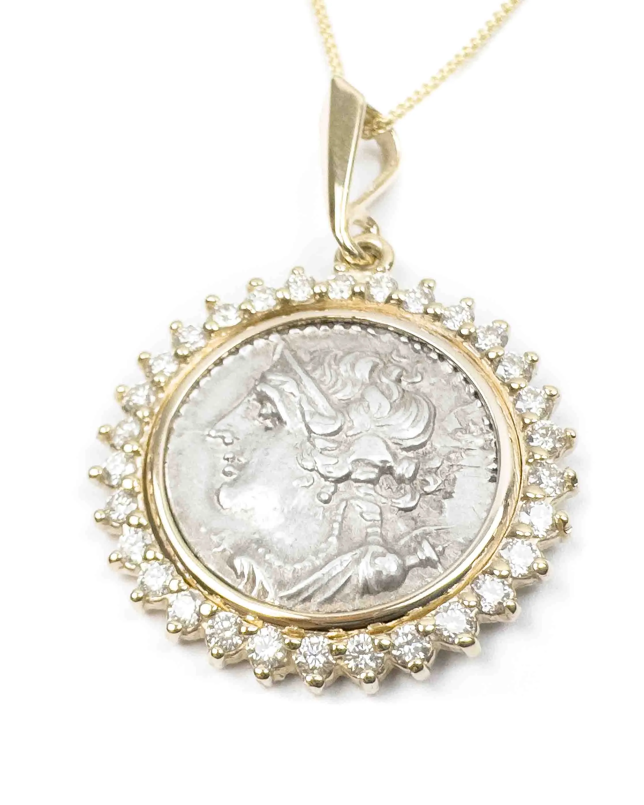 14k Gold & Diamond Genuine Ancient Greek Coin Necklace (Artemis; 125-90 B.C.)