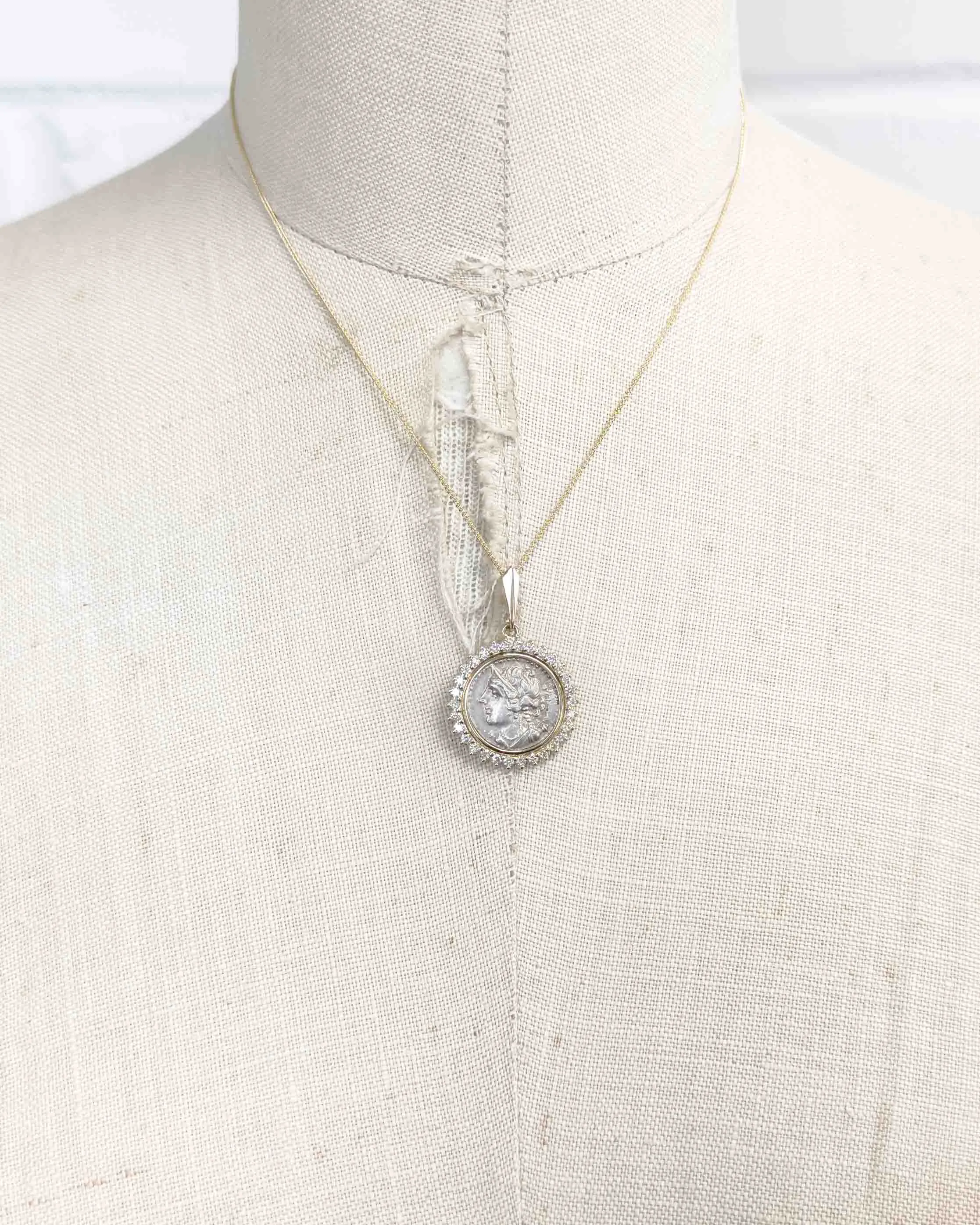 14k Gold & Diamond Genuine Ancient Greek Coin Necklace (Artemis; 125-90 B.C.)