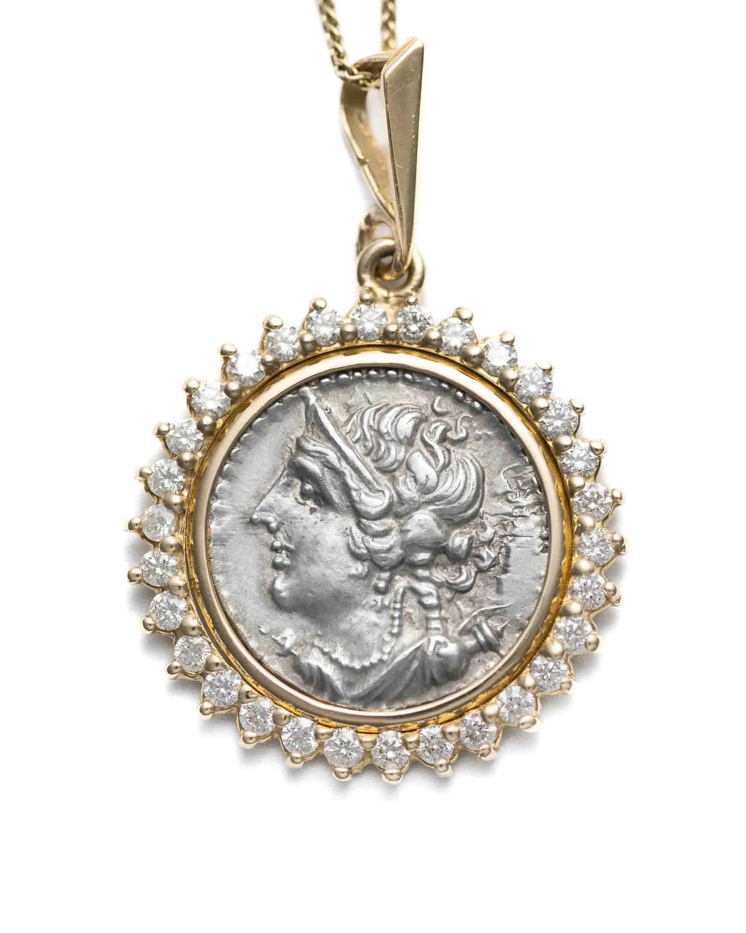 14k Gold & Diamond Genuine Ancient Greek Coin Necklace (Artemis; 125-90 B.C.)