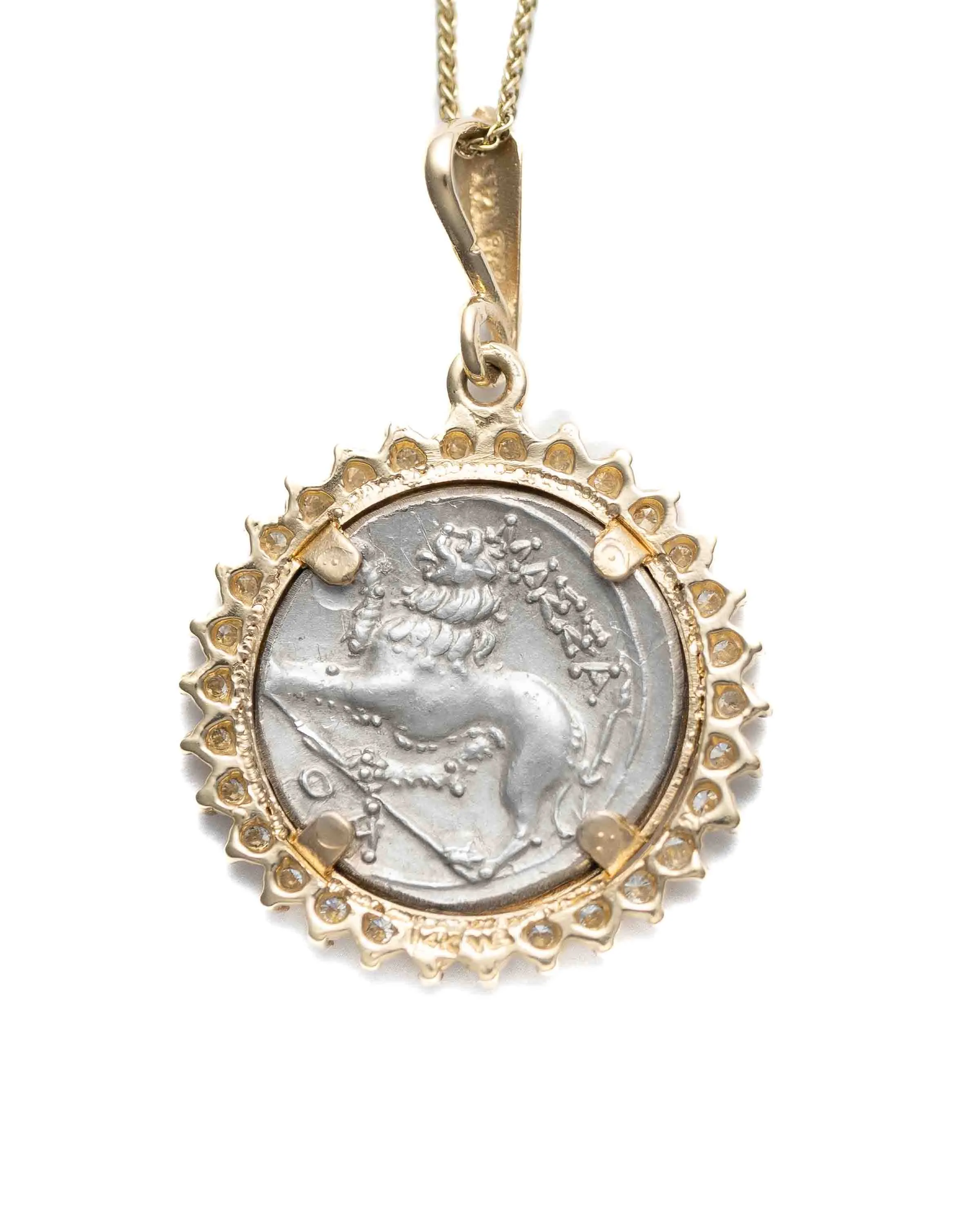 14k Gold & Diamond Genuine Ancient Greek Coin Necklace (Artemis; 125-90 B.C.)