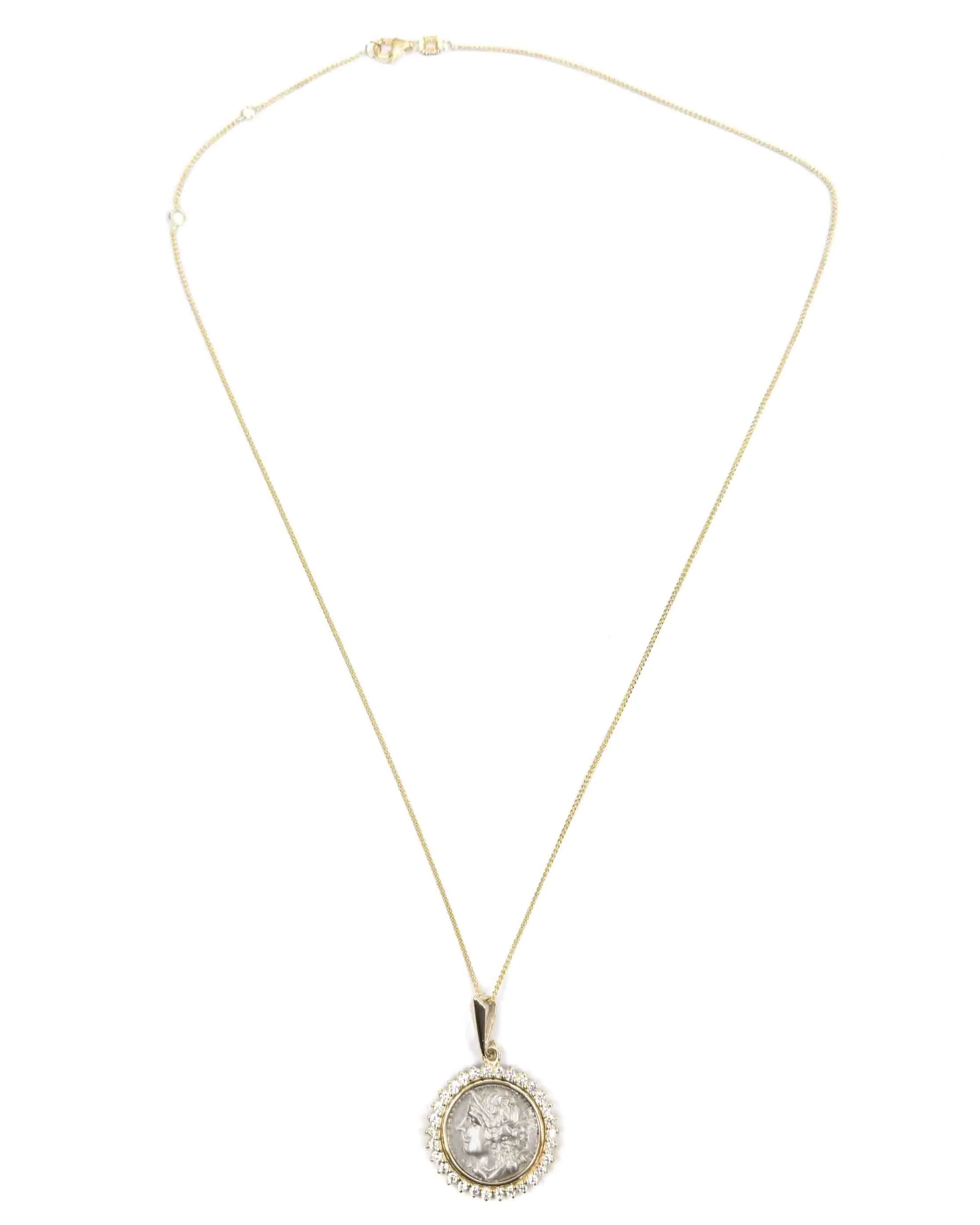 14k Gold & Diamond Genuine Ancient Greek Coin Necklace (Artemis; 125-90 B.C.)