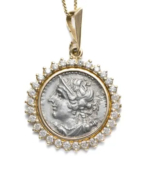 14k Gold & Diamond Genuine Ancient Greek Coin Necklace (Artemis; 125-90 B.C.)