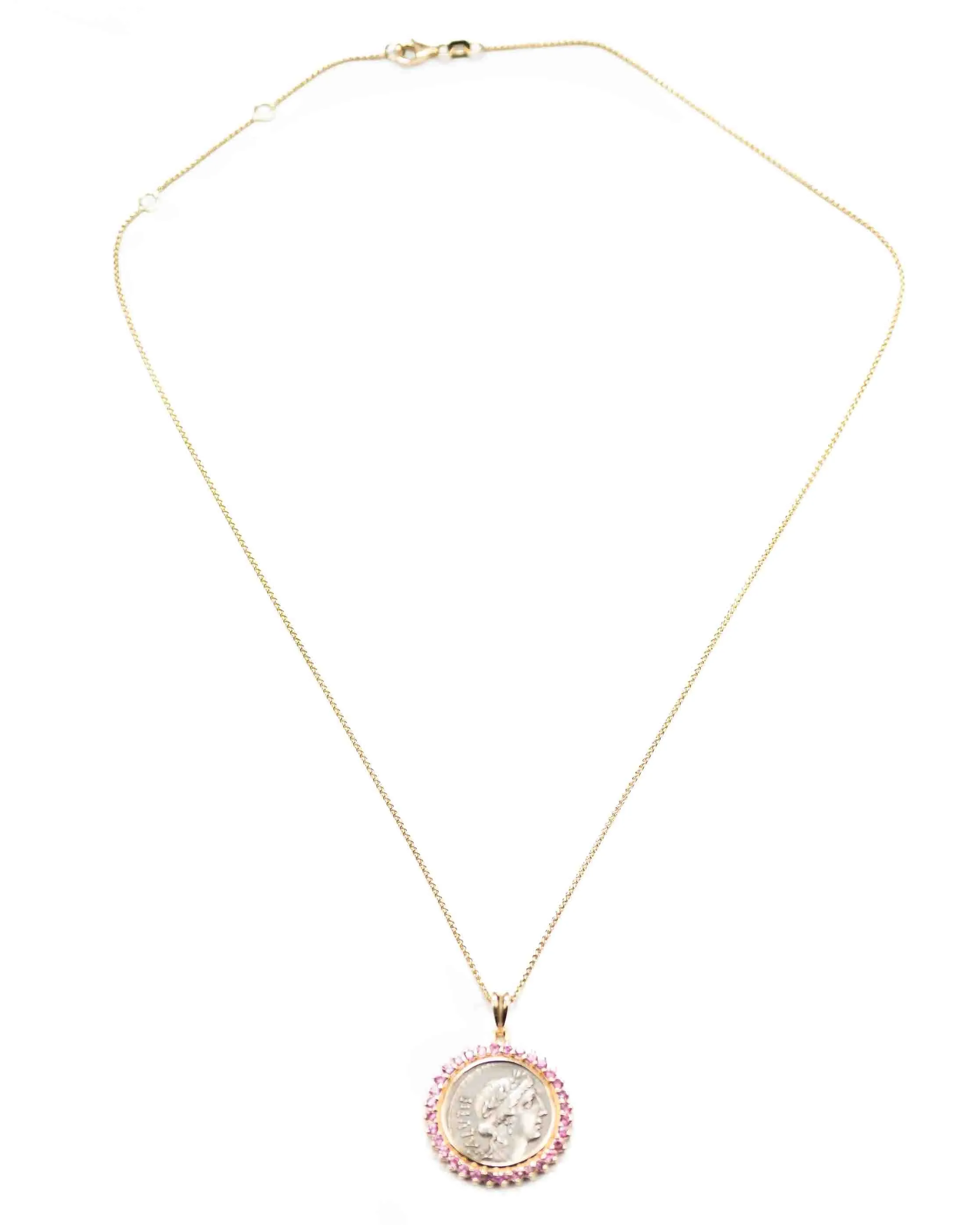 14k Gold & Pink Sapphire Genuine Ancient Roman Coin Necklace (Salus; 49 B.C.)