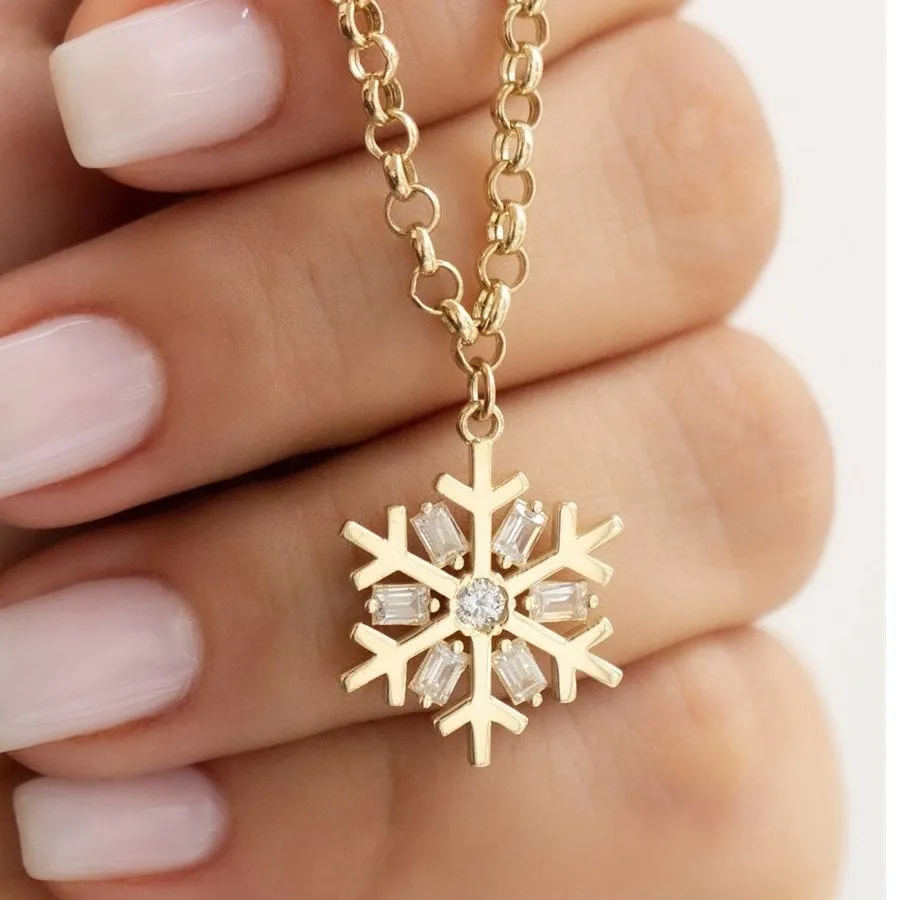 14k Gold Baguette Snowflake Necklace
