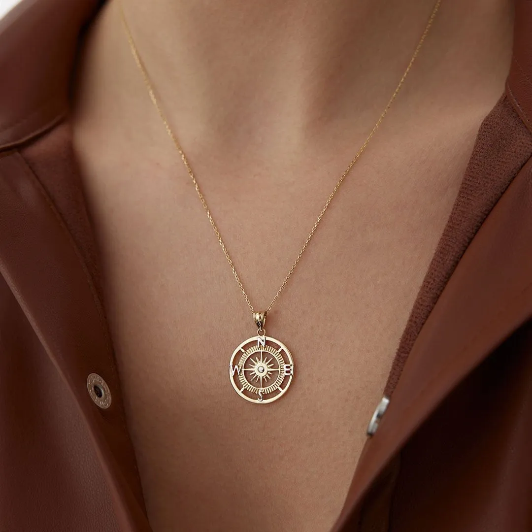 14k Gold Big Compass Necklace