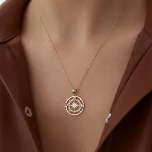 14k Gold Big Compass Necklace