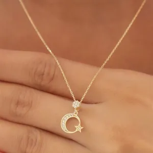 14k Gold Crescent Star Necklace