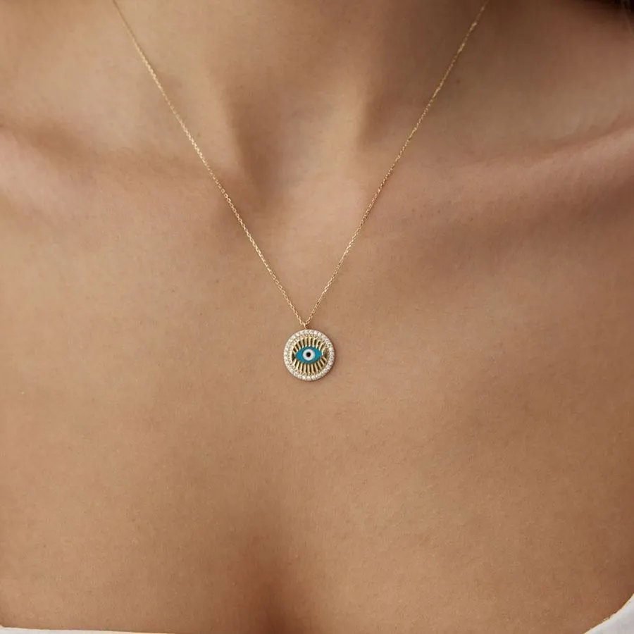 14k Gold Enameled Evil Eye Necklace