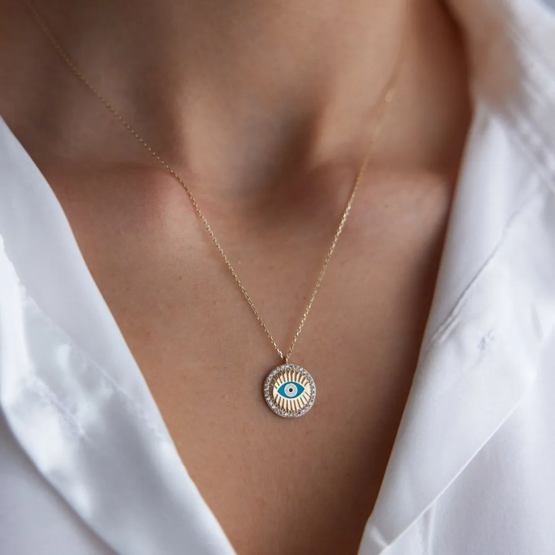 14k Gold Enameled Evil Eye Necklace