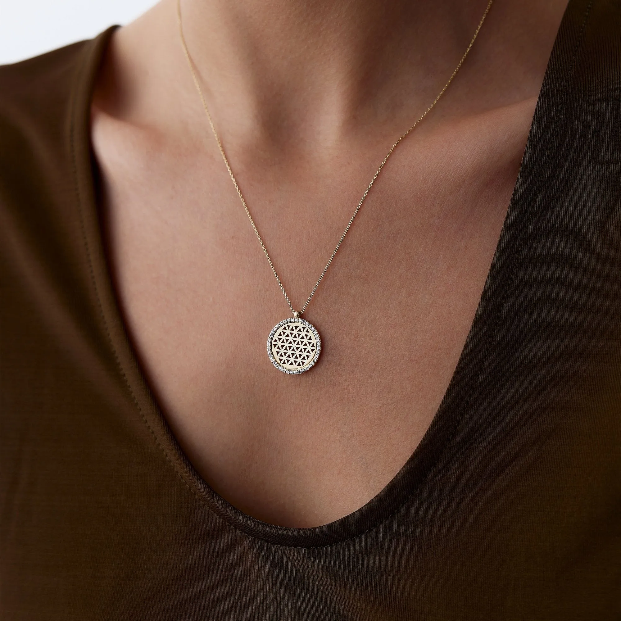 14k Gold Framed Flower of Life Necklace