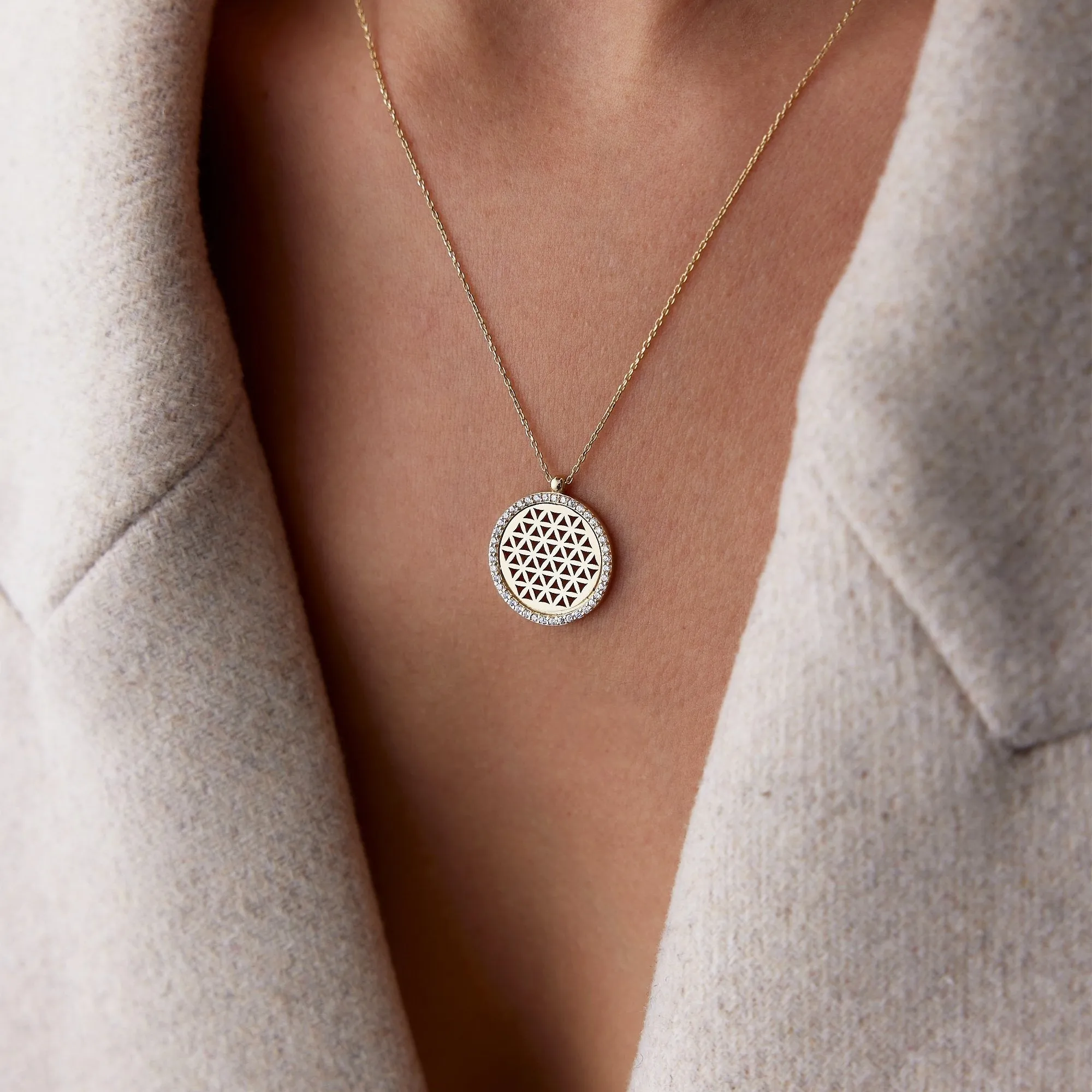 14k Gold Framed Flower of Life Necklace