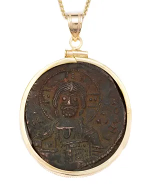 14k Gold Genuine Ancient Byzantine Coin Necklace (Christ, King of Kings; 976-1028 A.D.)