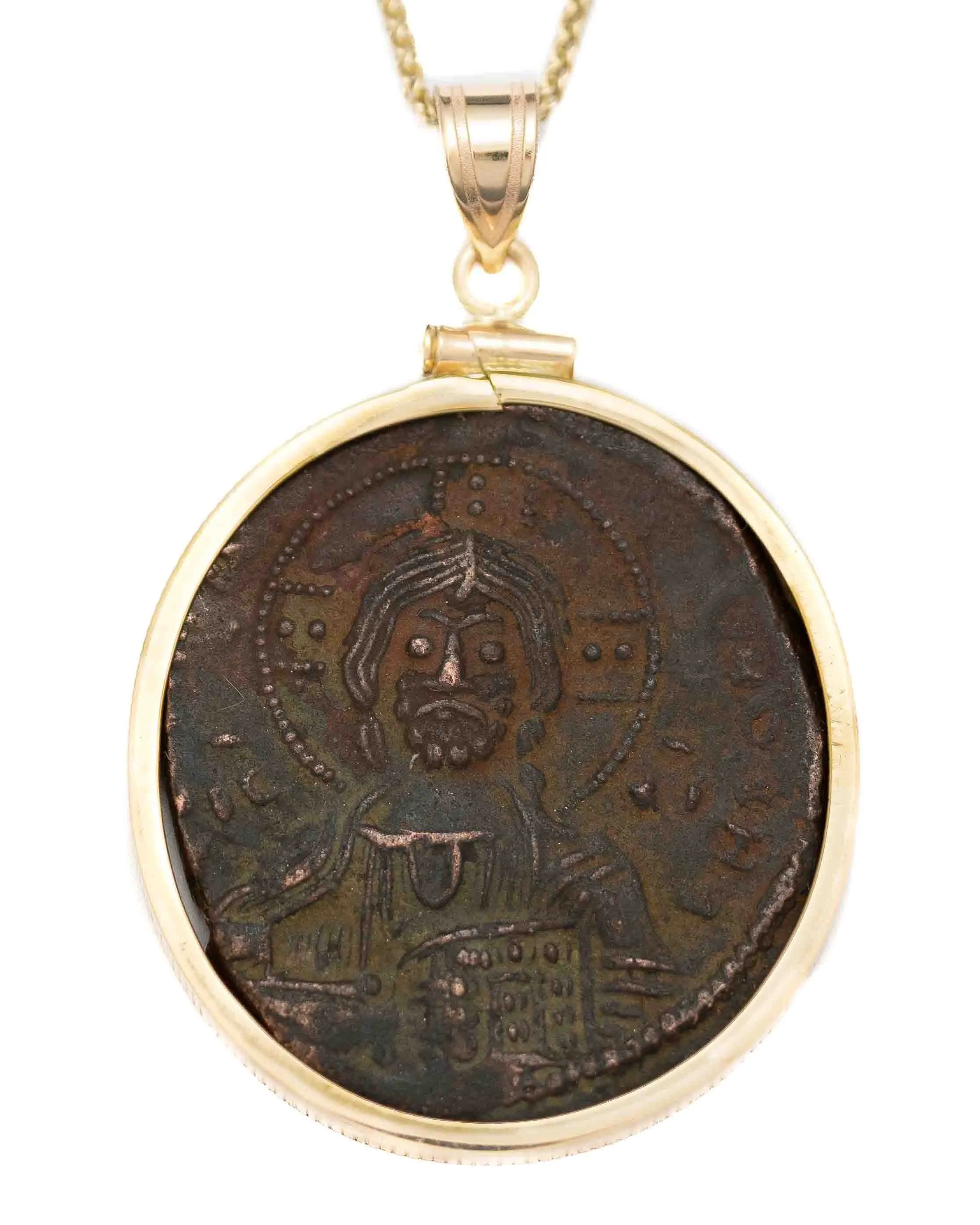 14k Gold Genuine Ancient Byzantine Coin Necklace (Christ, King of Kings; 976-1028 A.D.)