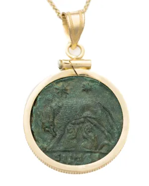 14k Gold Genuine Ancient Constantinople Commemorative Coin Necklace (Romulus & Remus; 330-354 A.D.)