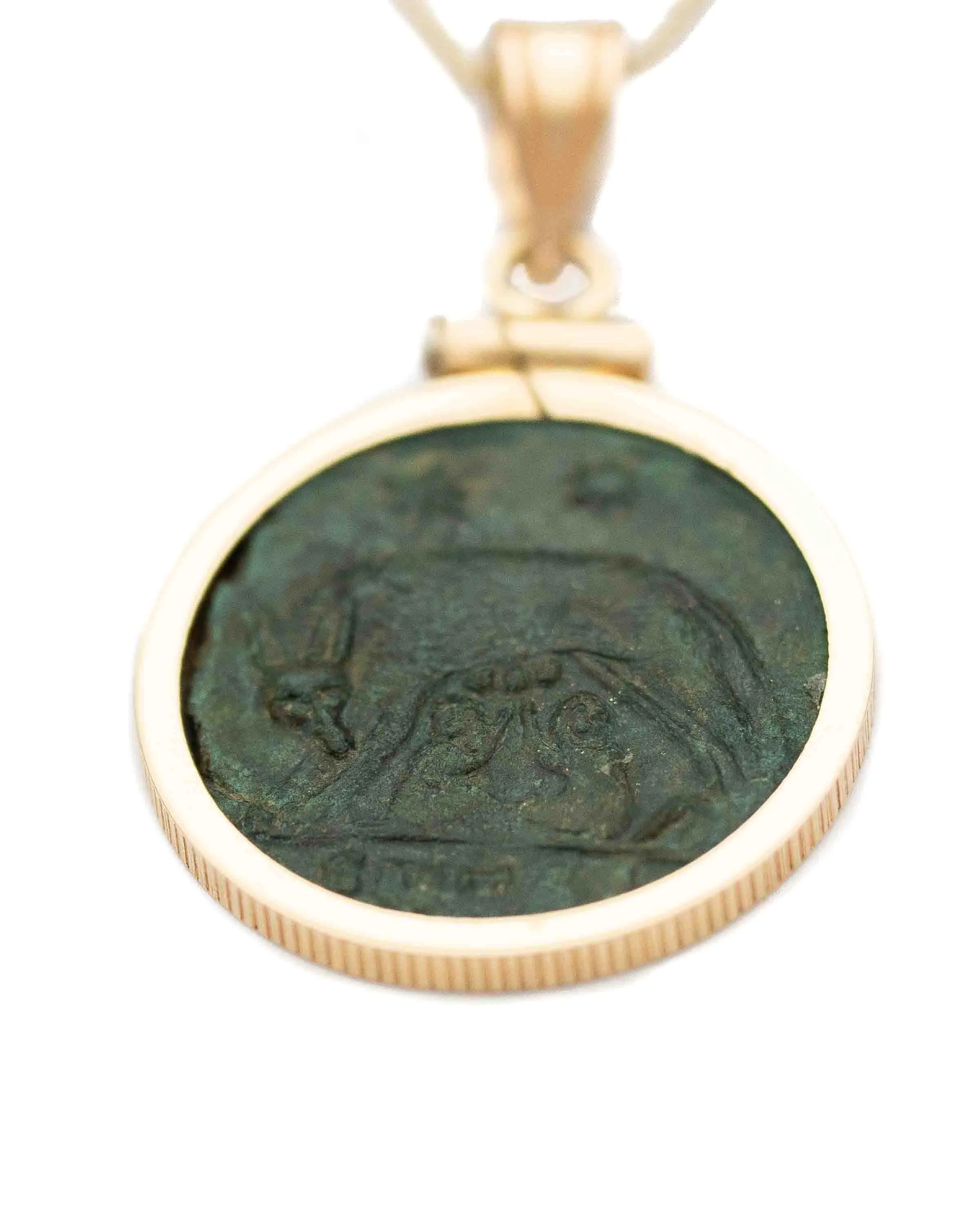 14k Gold Genuine Ancient Constantinople Commemorative Coin Necklace (Romulus & Remus; 330-354 A.D.)