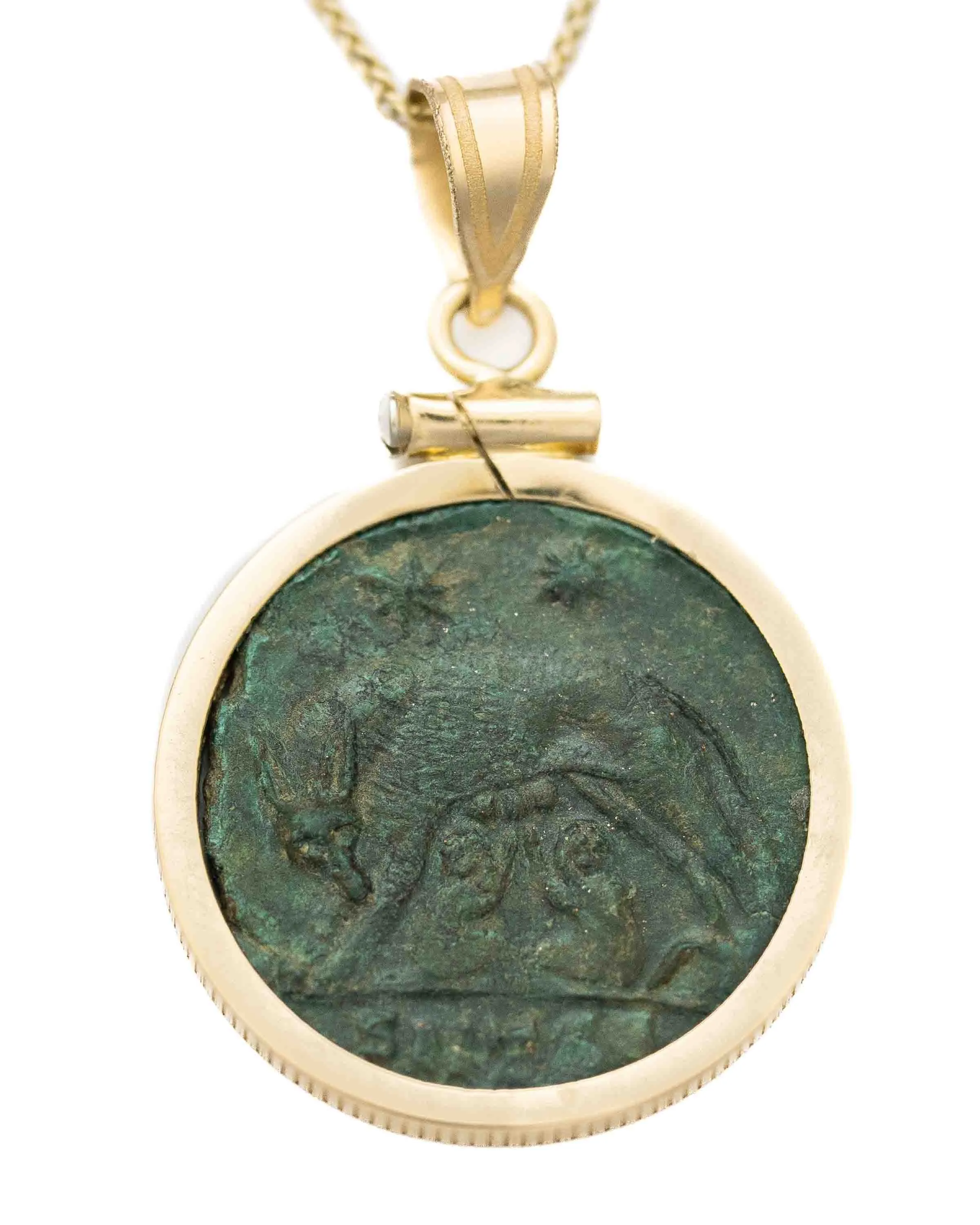 14k Gold Genuine Ancient Constantinople Commemorative Coin Necklace (Romulus & Remus; 330-354 A.D.)