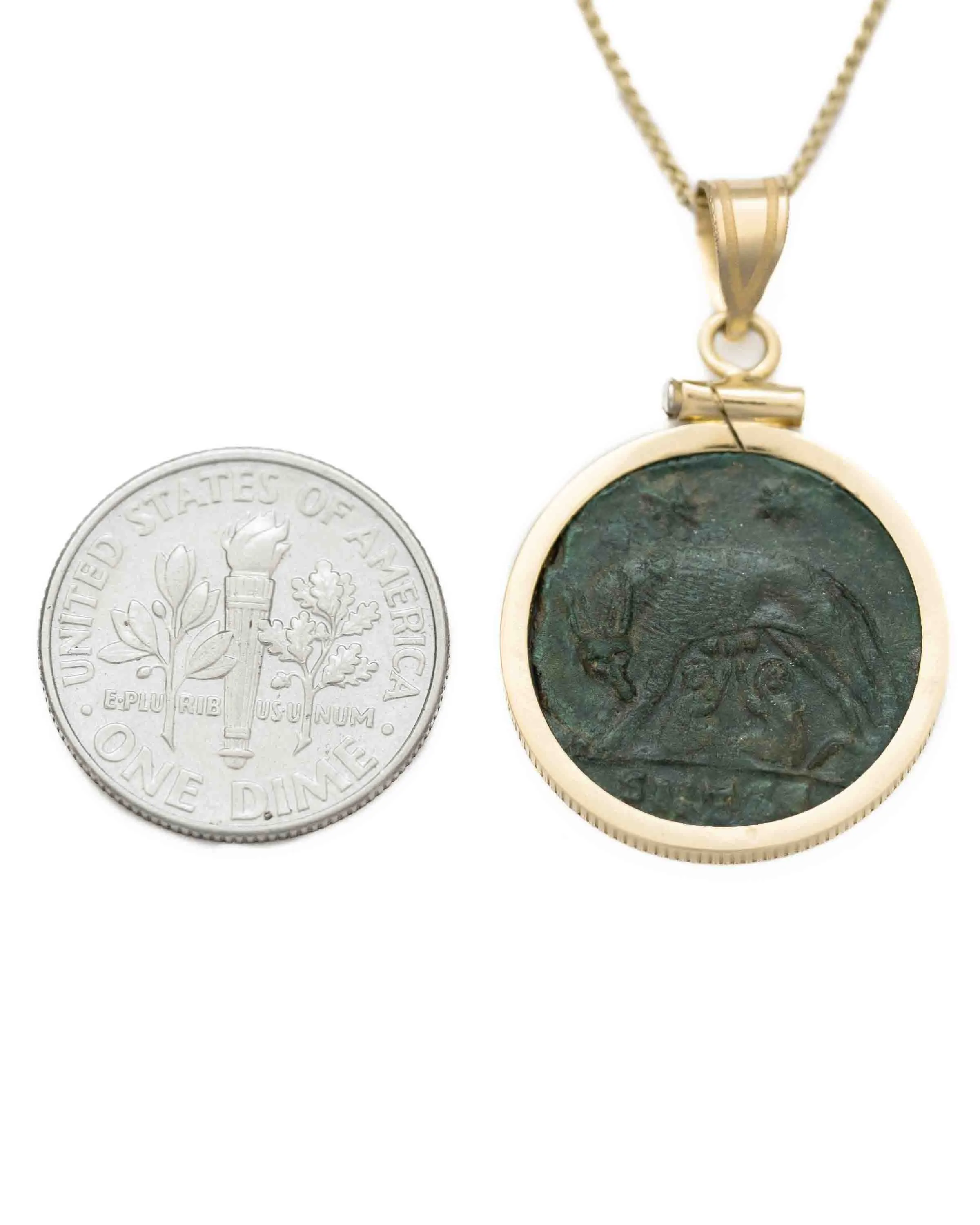 14k Gold Genuine Ancient Constantinople Commemorative Coin Necklace (Romulus & Remus; 330-354 A.D.)