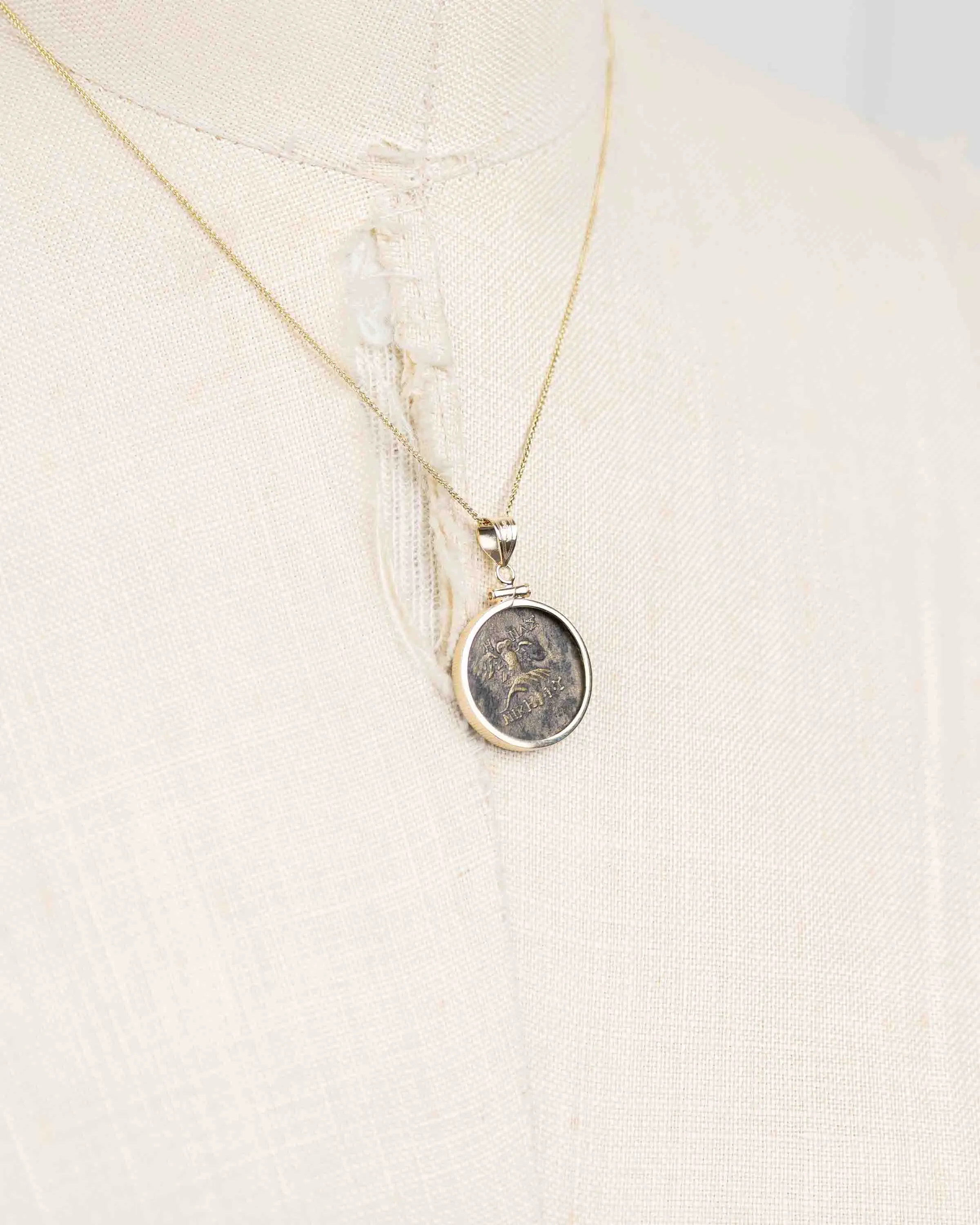 14k Gold Genuine Ancient Greek Coin Necklace (Athena/Owl; 200-133 B.C.)