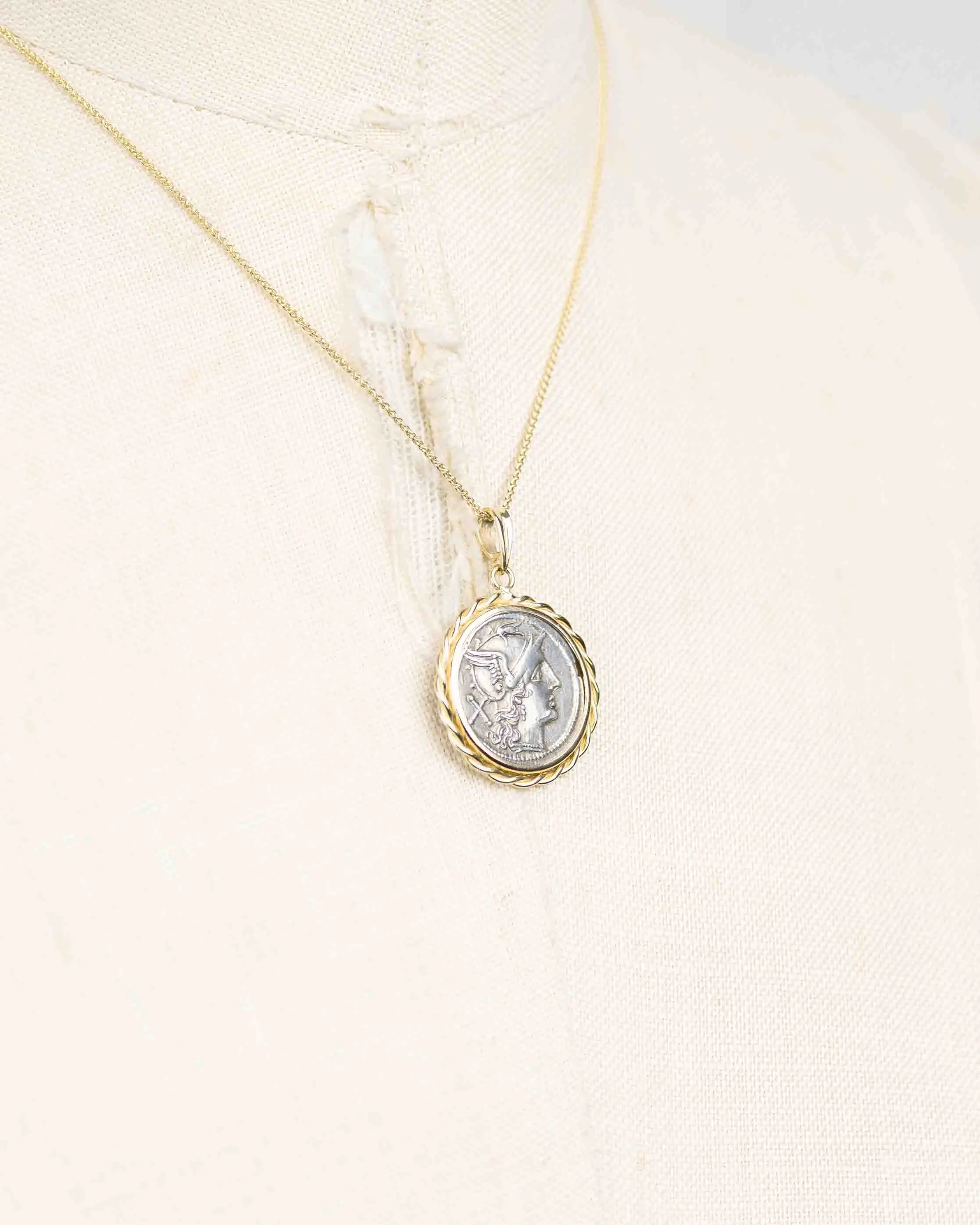 14k Gold Genuine Ancient Roman Coin Necklace (Roma; 215-214 B.C.)