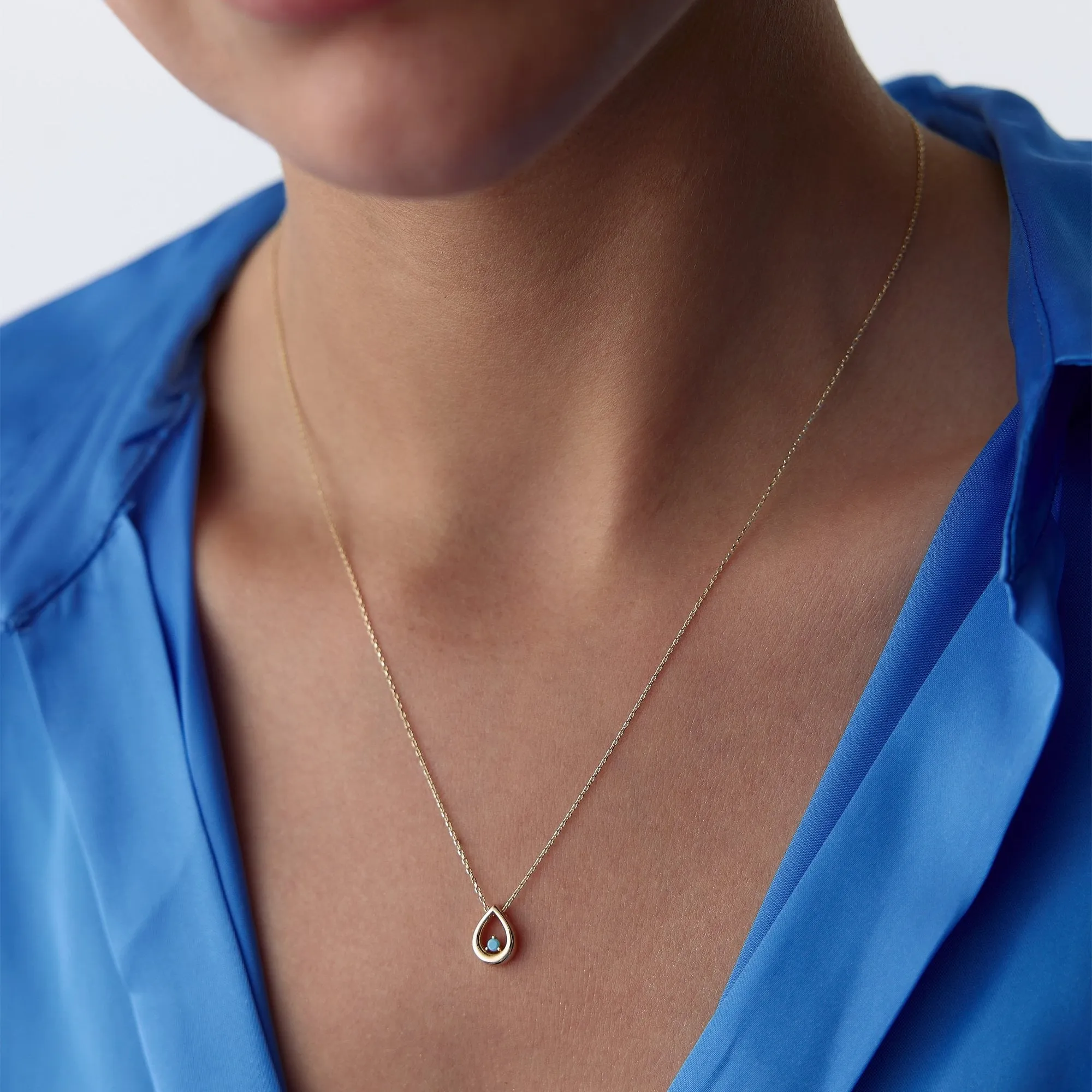 14k Gold Mini Blue Enameled Drop Necklace