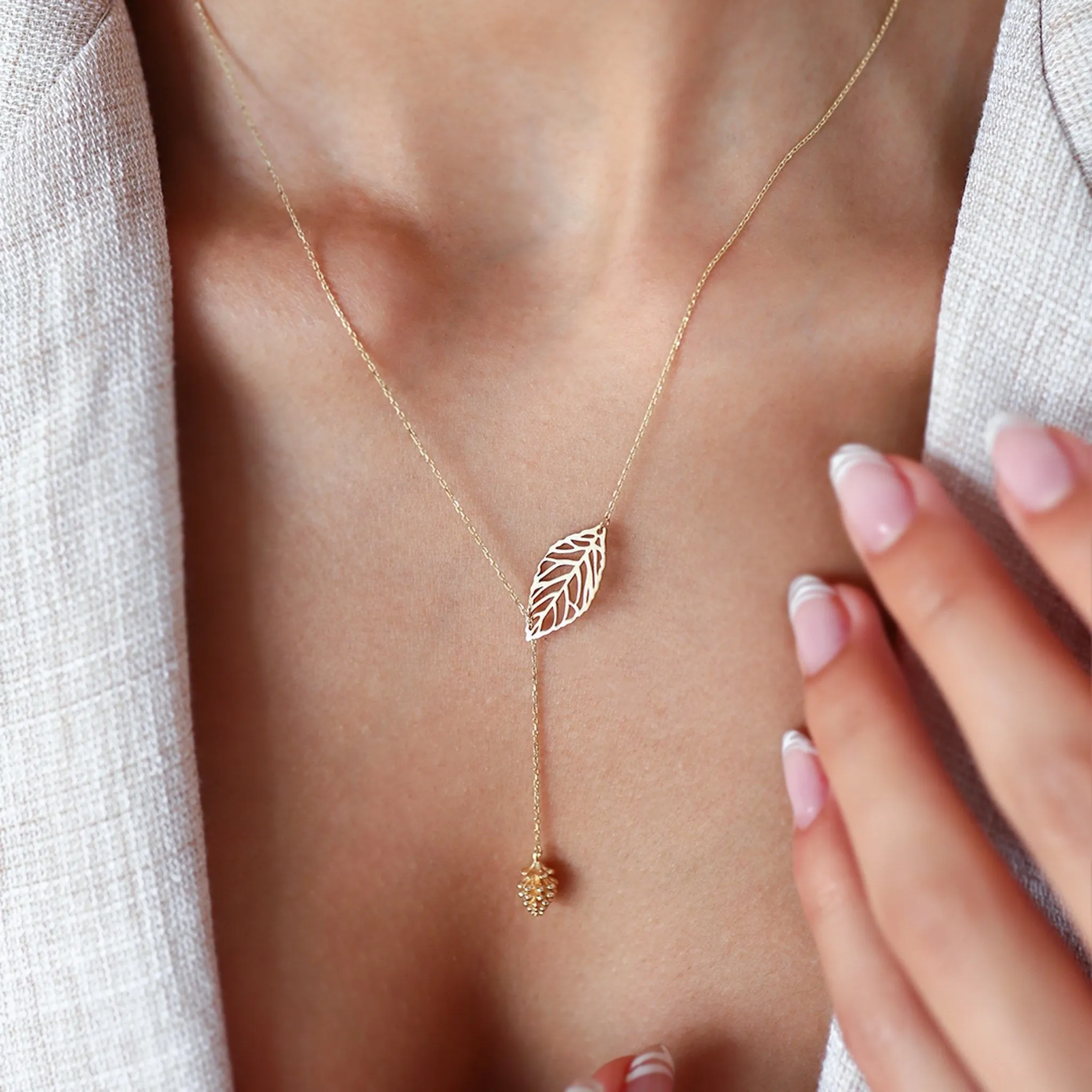 14k Gold Pinecone and Leaf Necklace
