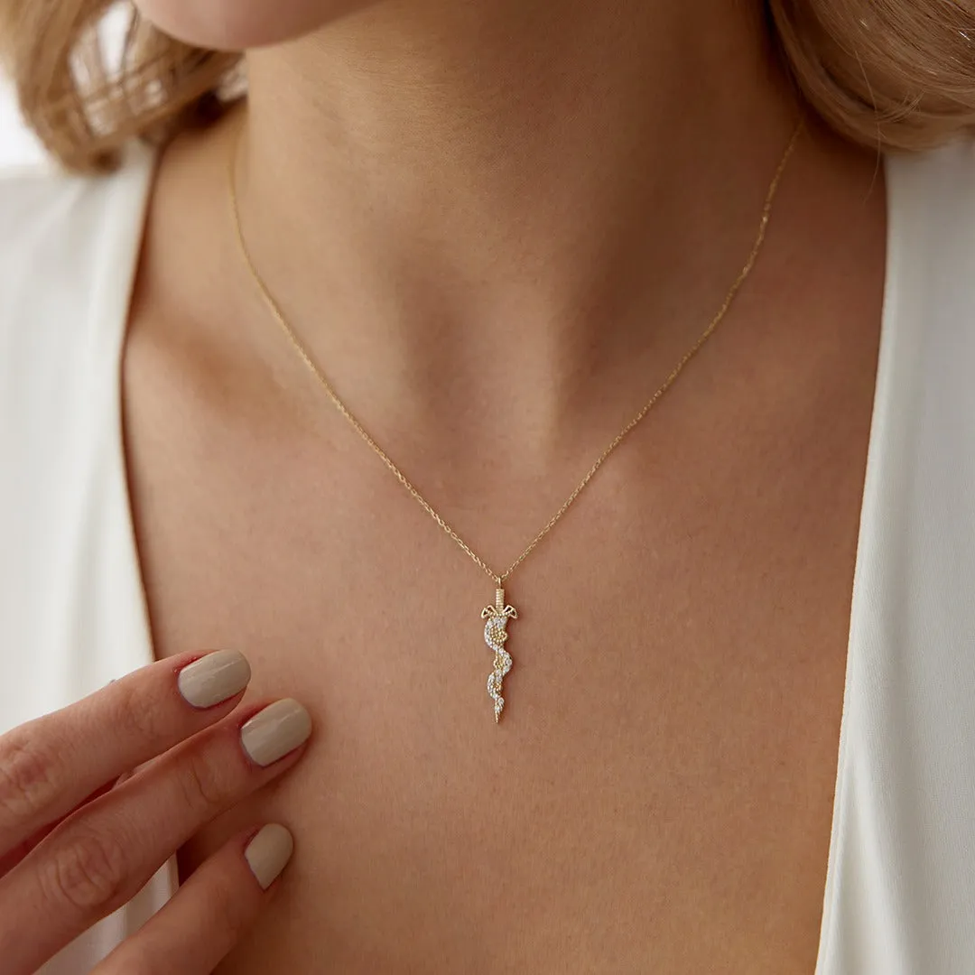 14k Gold Serpent Sword Necklace