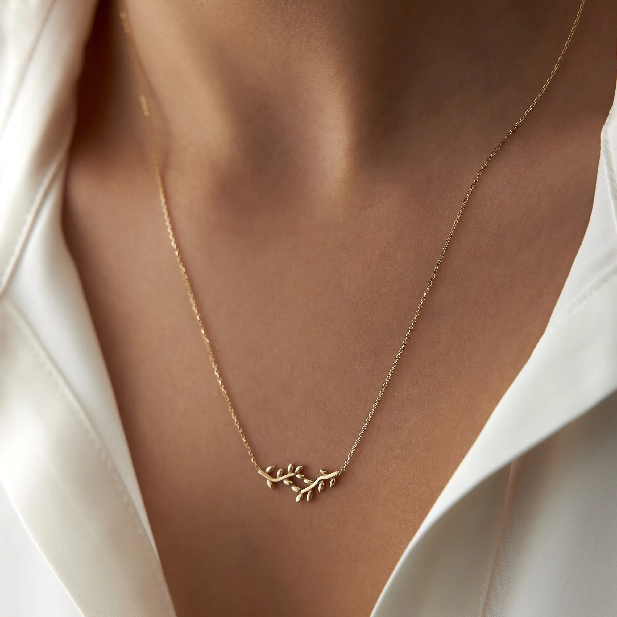 14k Gold Small Olive Branch Necklace