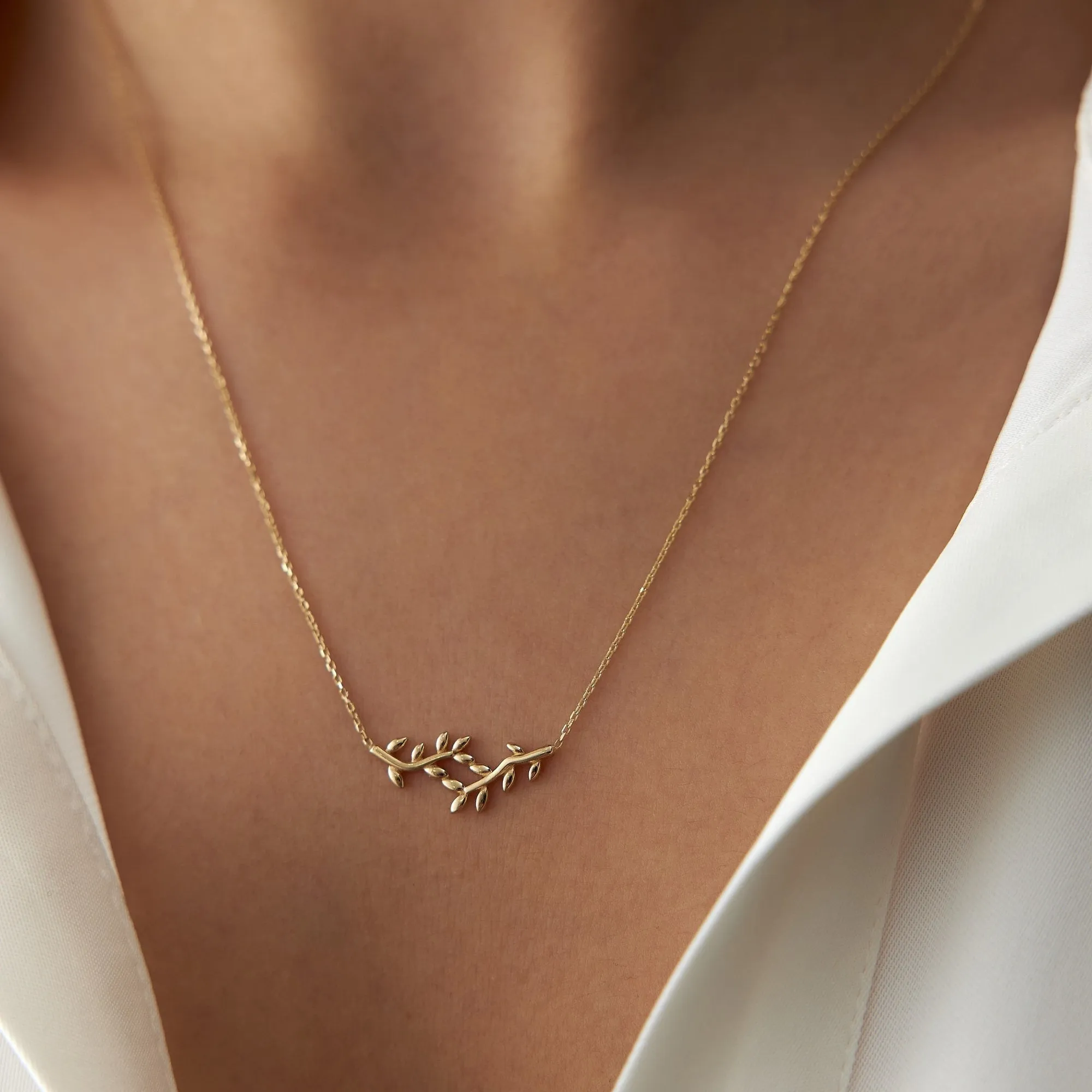14k Gold Small Olive Branch Necklace
