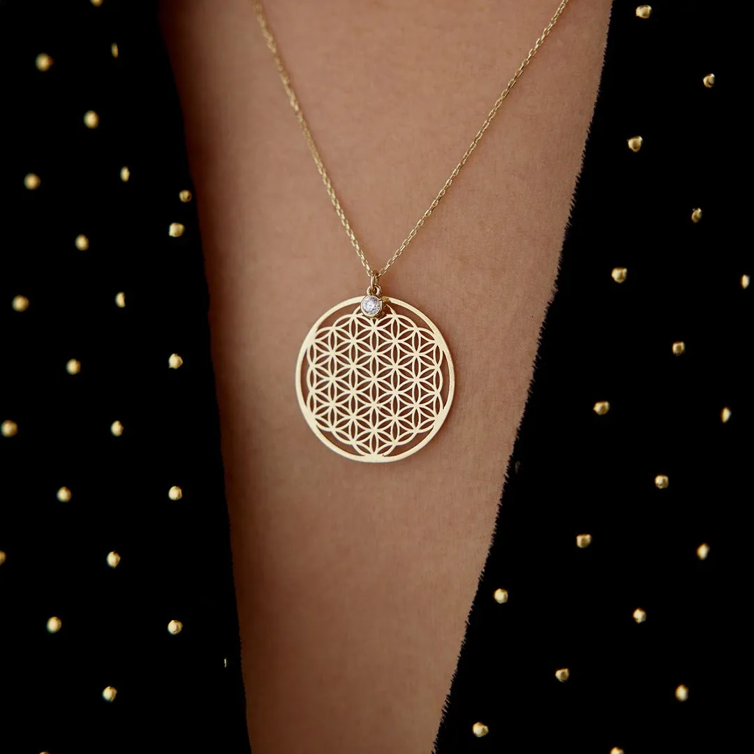 14k Gold Solitaire Flower of Life Necklace