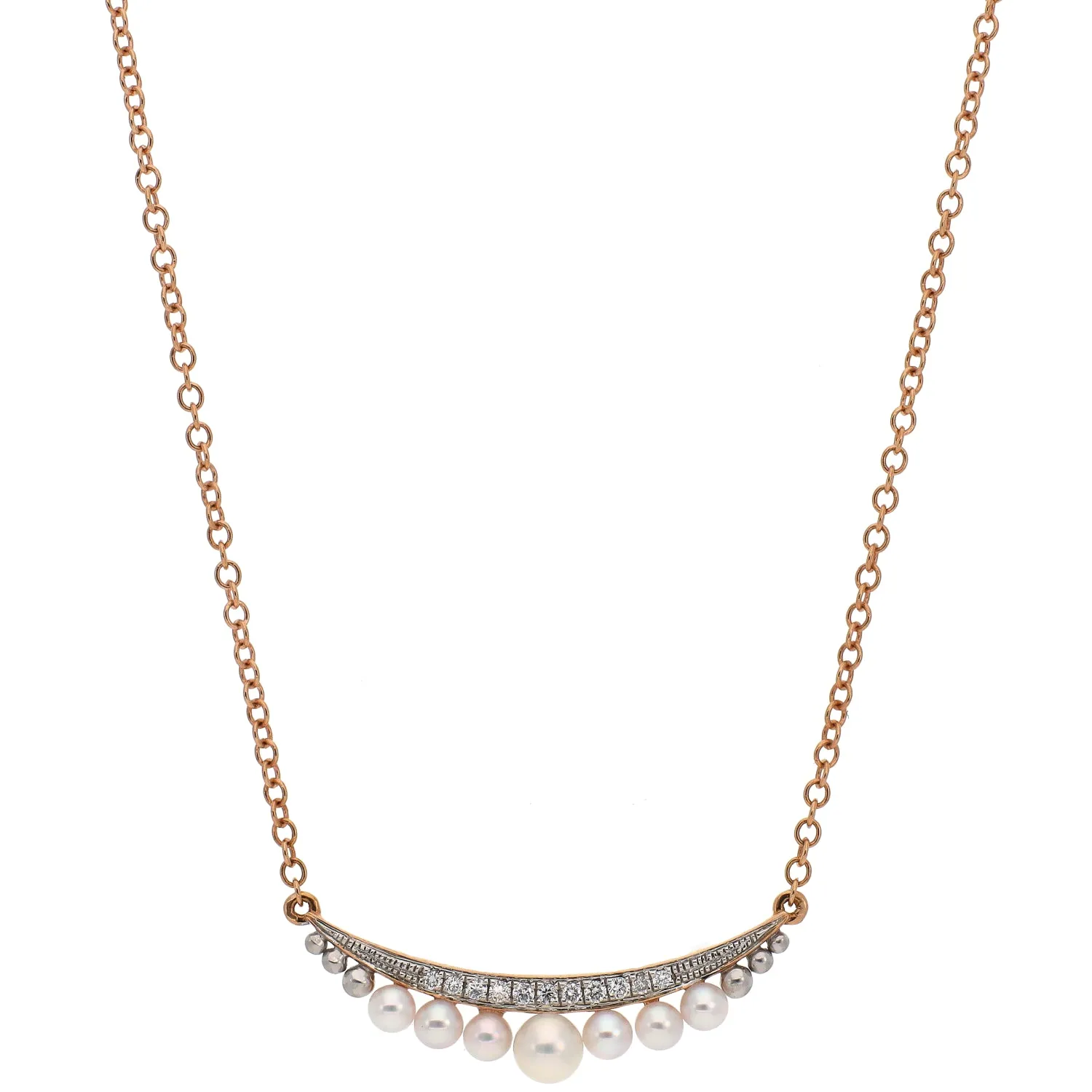 14K Rose Gold Diamond Bar and Pearl Necklace