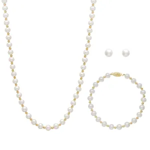 14K Yellow Gold Balls with (6.5-7mm) Freshwater Pearl Earrings, Necklace and Bracelet Set
