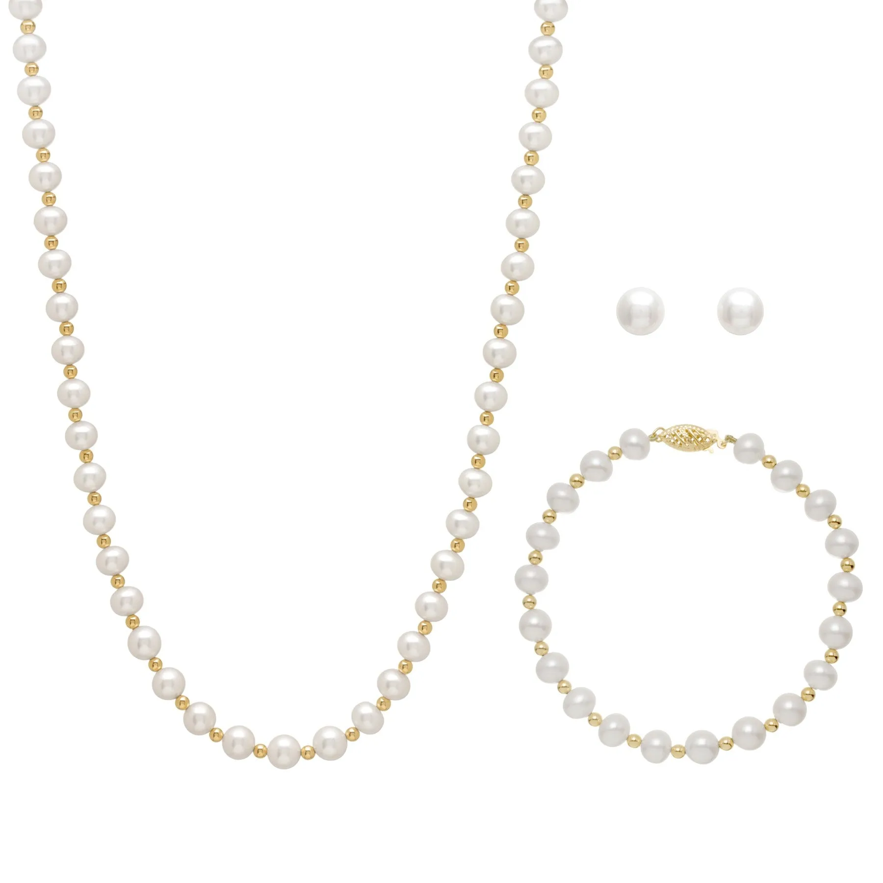 14K Yellow Gold Balls with (6.5-7mm) Freshwater Pearl Earrings, Necklace and Bracelet Set
