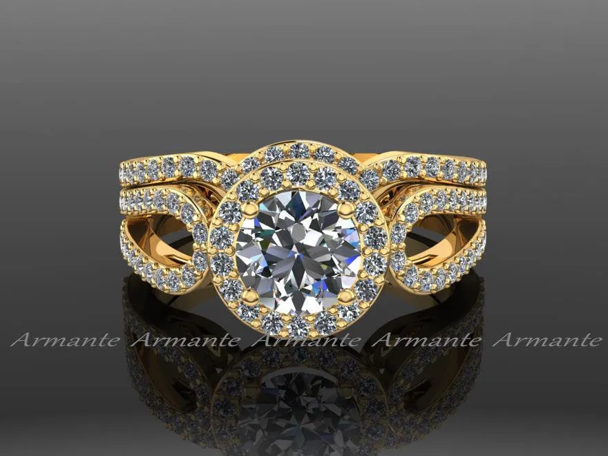14K Yellow Gold Diamond And Moissanite Filigree Ring Wedding Set