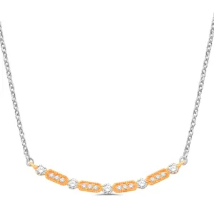 14KT YELLOW & WHITE GOLD CURVED BAR NECKLACE SET WITH ROUND BRILLIANT CUT DIAMONDS