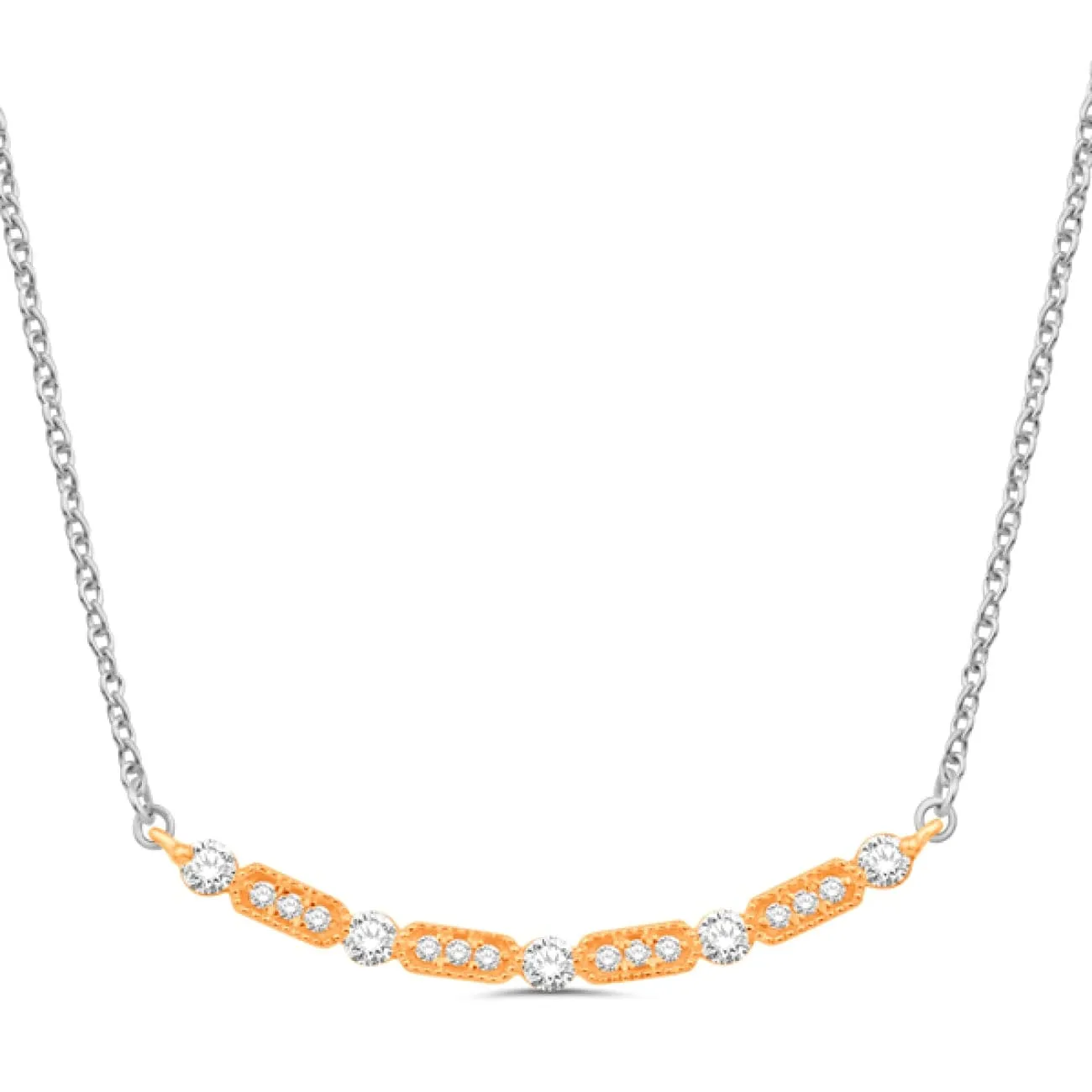 14KT YELLOW & WHITE GOLD CURVED BAR NECKLACE SET WITH ROUND BRILLIANT CUT DIAMONDS