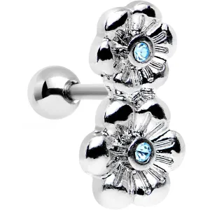 16 Gauge 1/4 Aqua Gem Steel Double Flower Tragus Cartilage Earring
