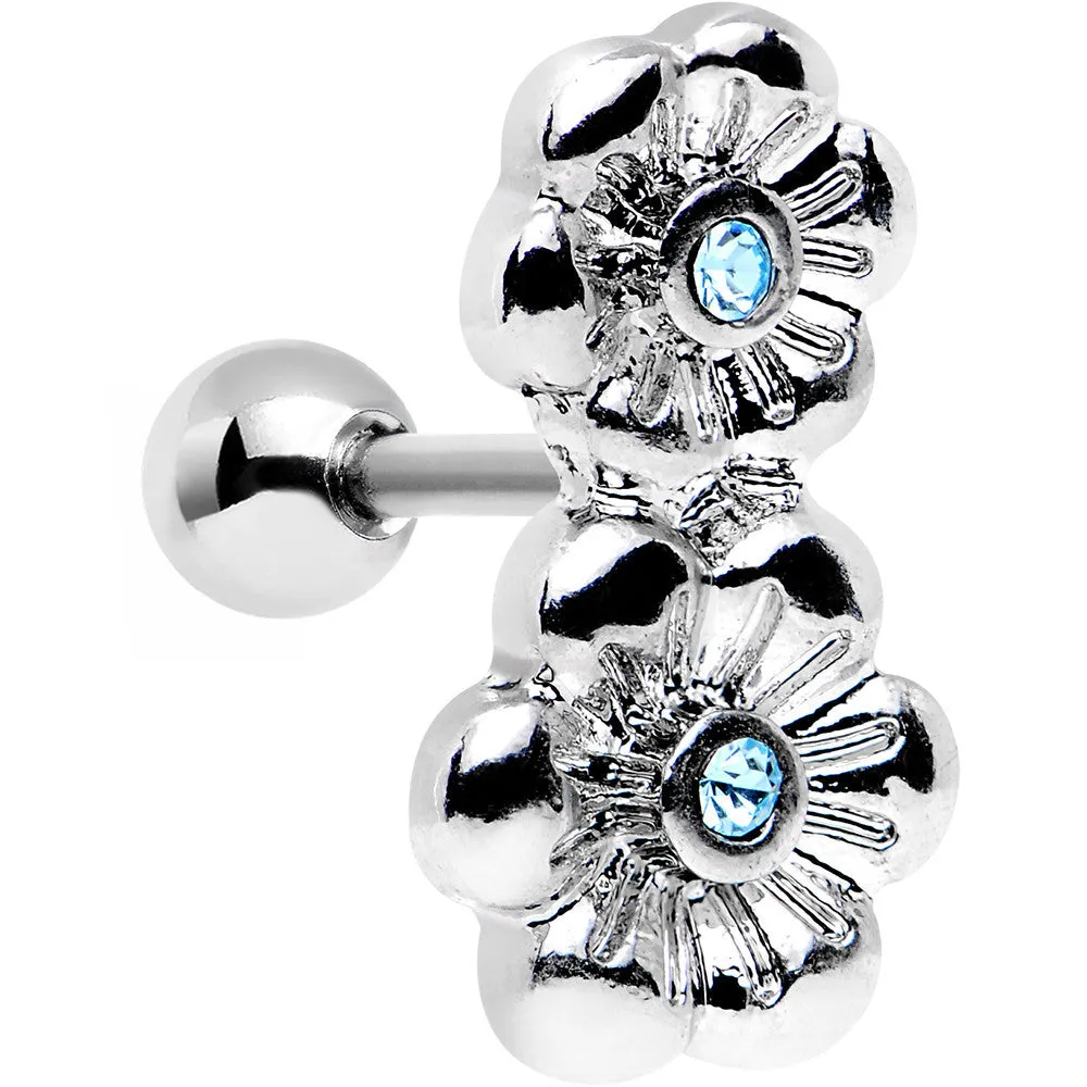 16 Gauge 1/4 Aqua Gem Steel Double Flower Tragus Cartilage Earring