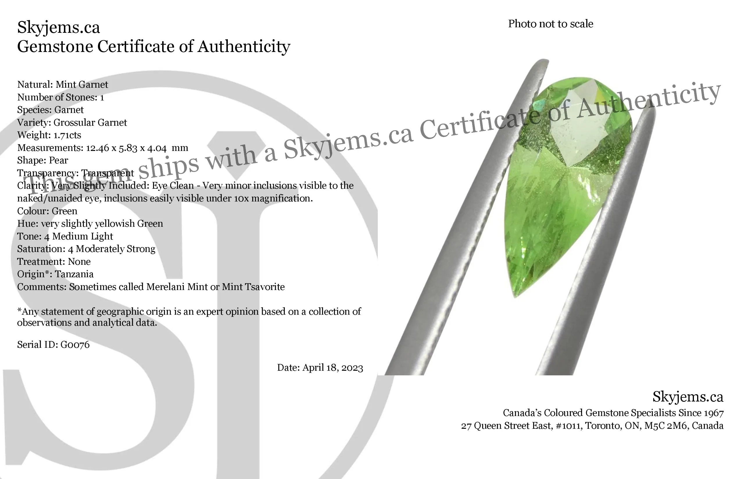 1.71ct Pear Green Merelani Mint Tsavorite Garnet from Tanzania
